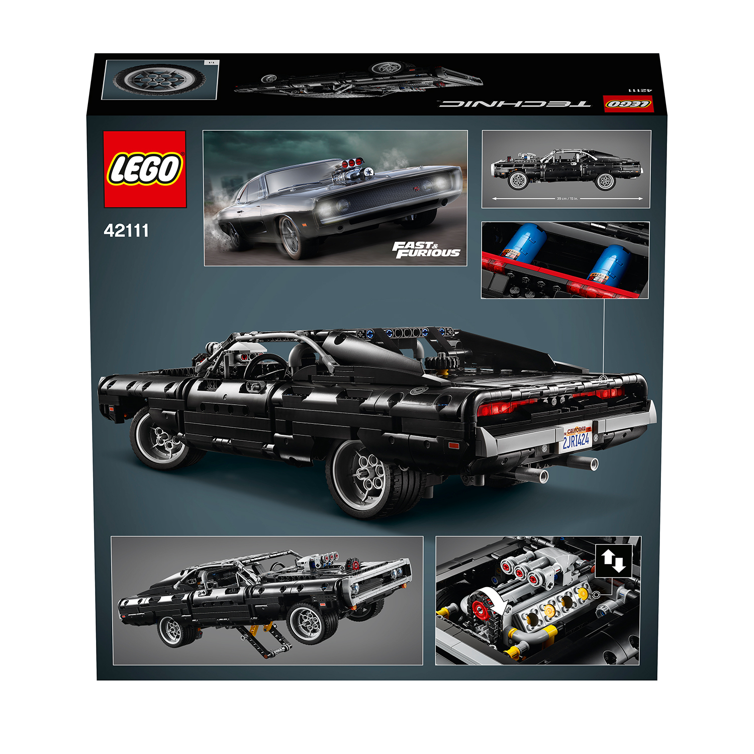 Schwarzes LEGO Technic Fast & Furious Auto-Set. Die Box enthält verschiedene Bilder des Autos und seiner Teile.