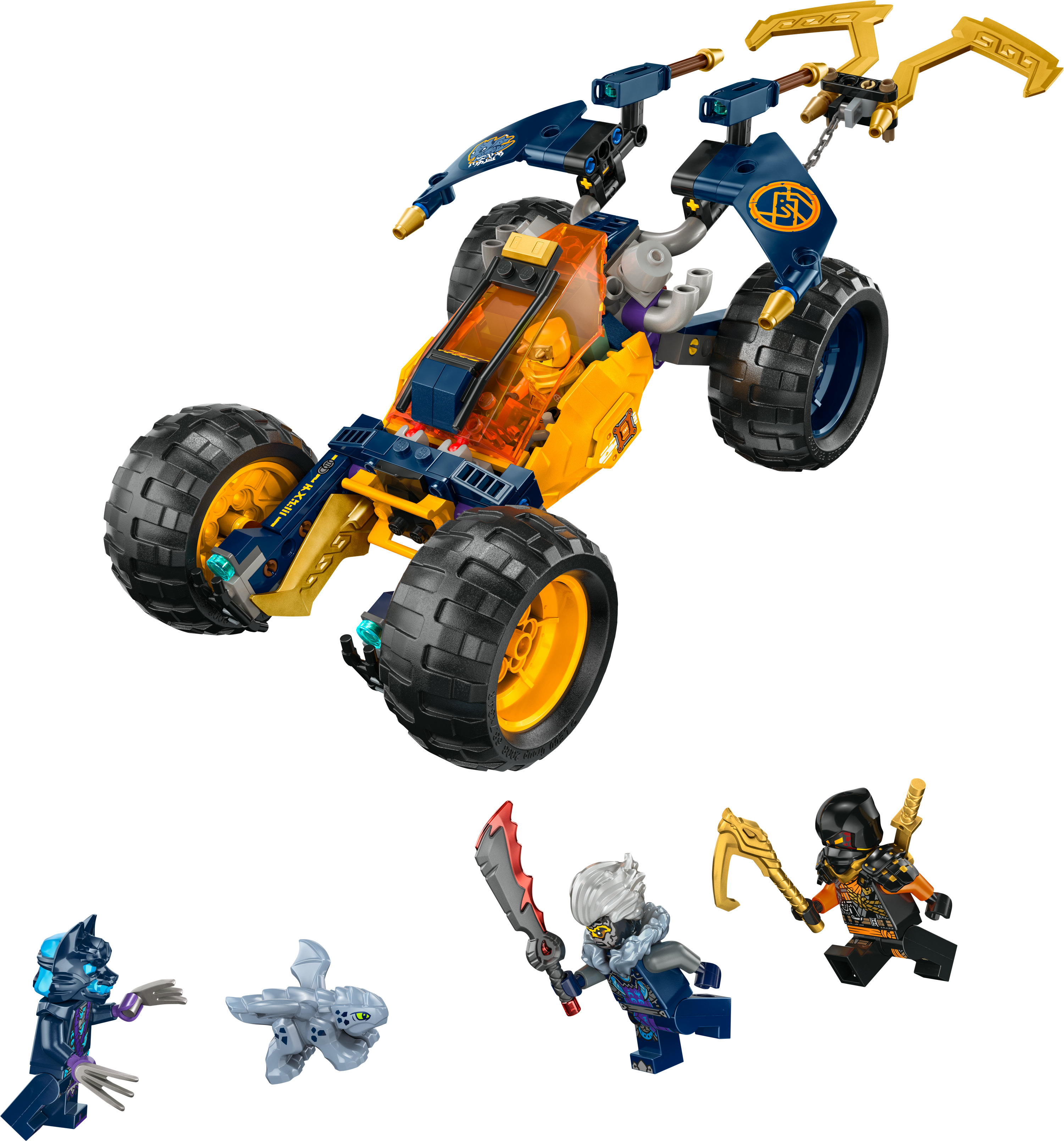 Zestaw Lego Ninjago z buggy i minifigurkami.
