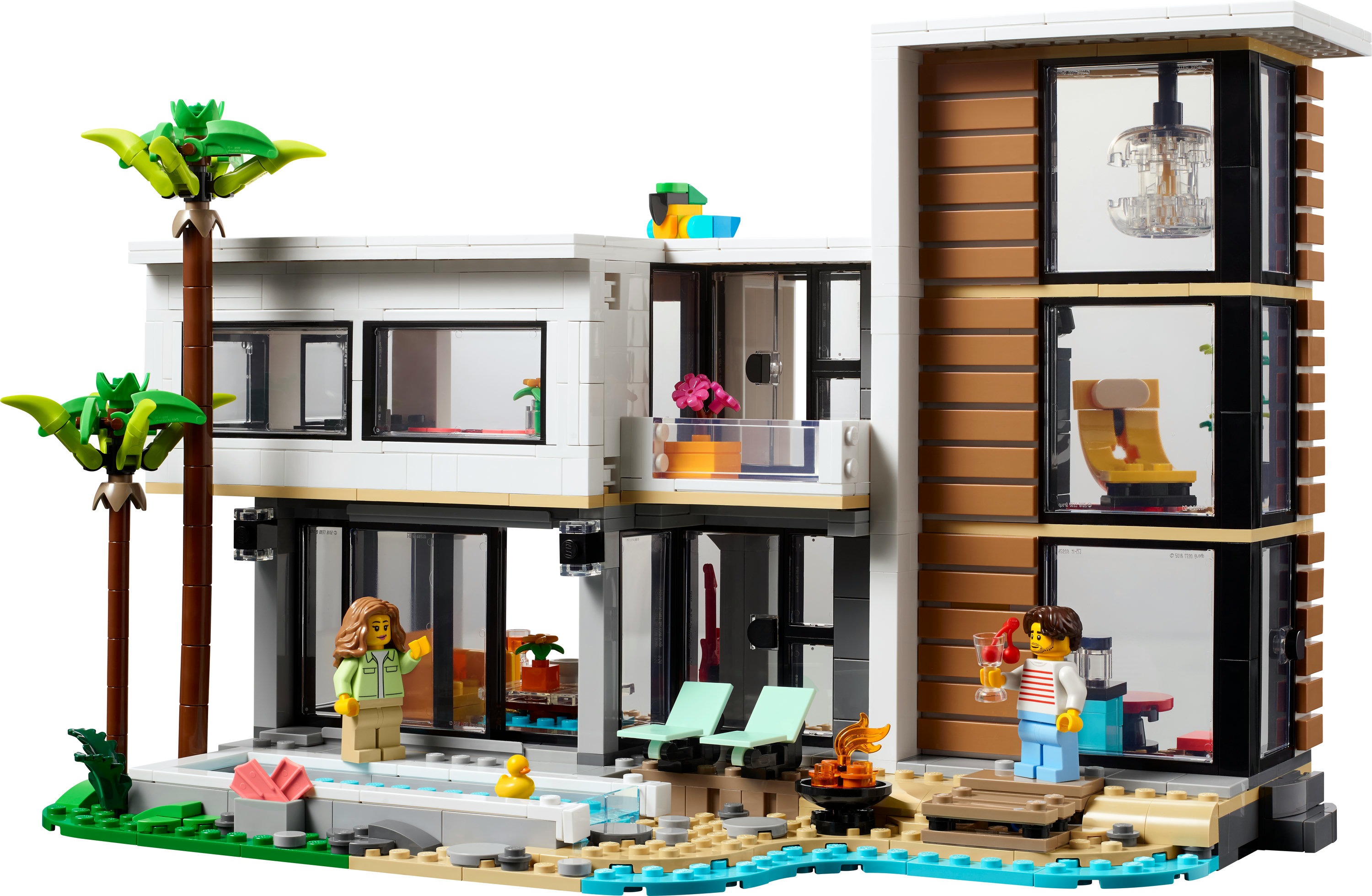 Lego Friends modern villa seti, figürler, havuz ve plaj sahnesi ile.