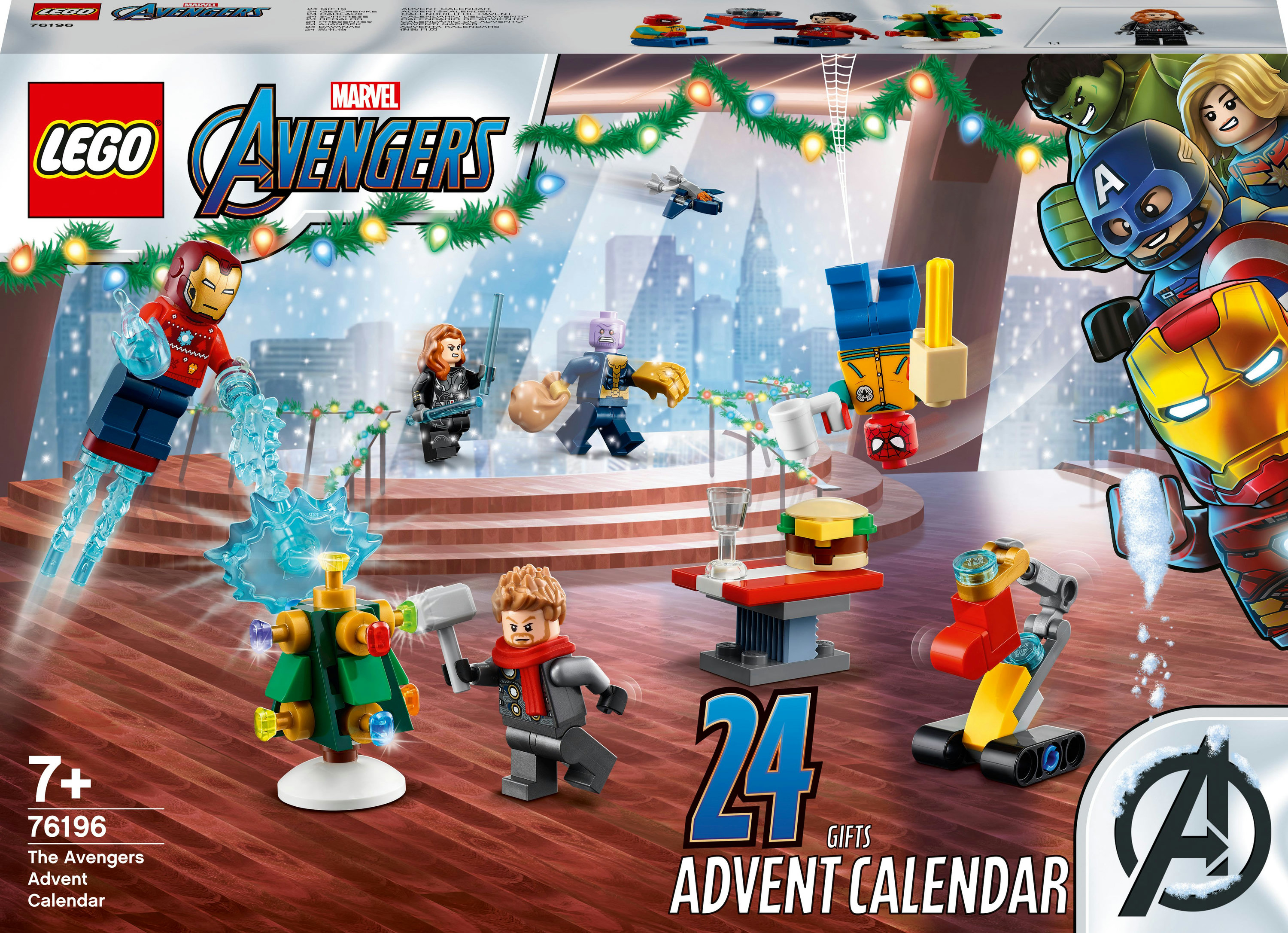 Zestaw Lego Avengers Advent Calendar. Zawiera minifigurki i budowle z zimowym tłem.