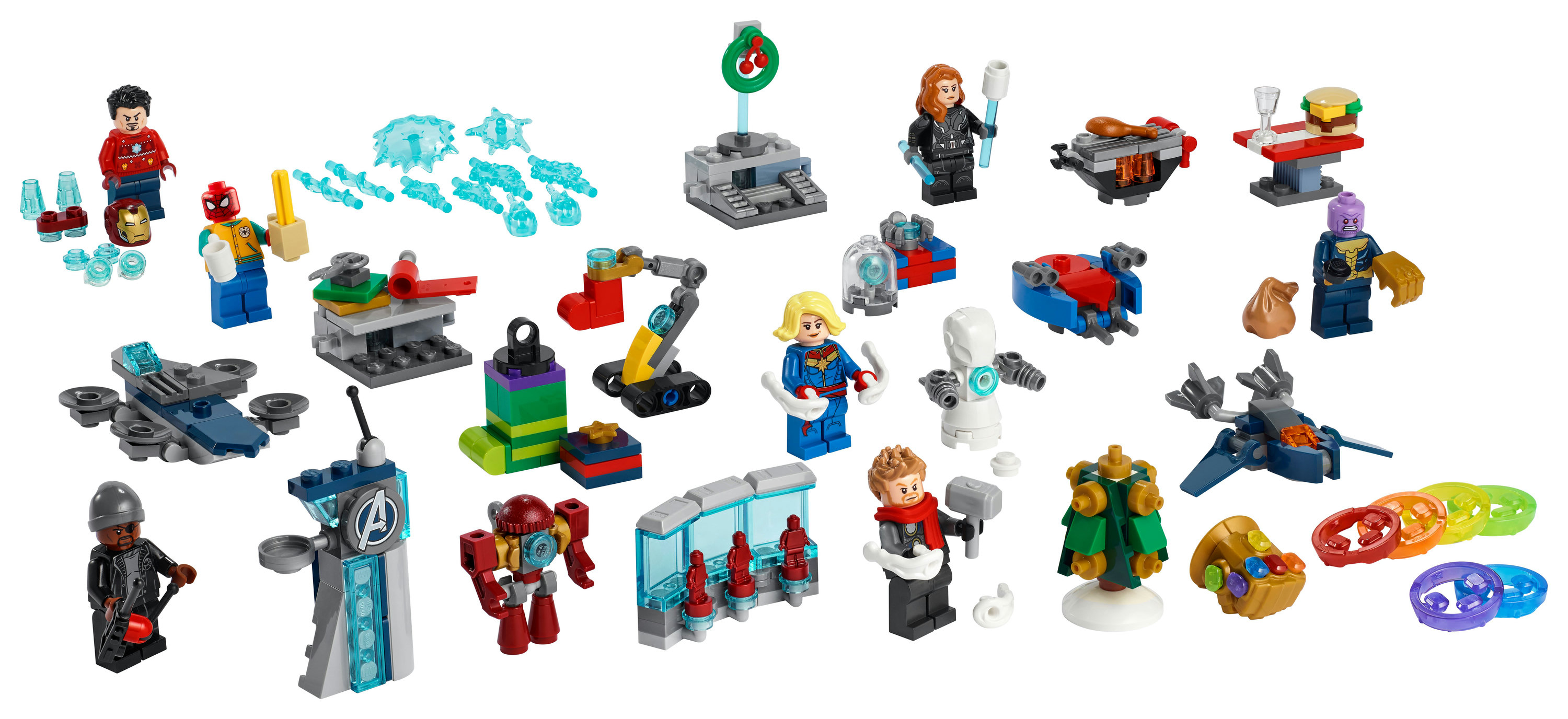 Zestaw Lego Marvel z różnymi minifigurkami i małymi konstrukcjami, w tym Avengers.