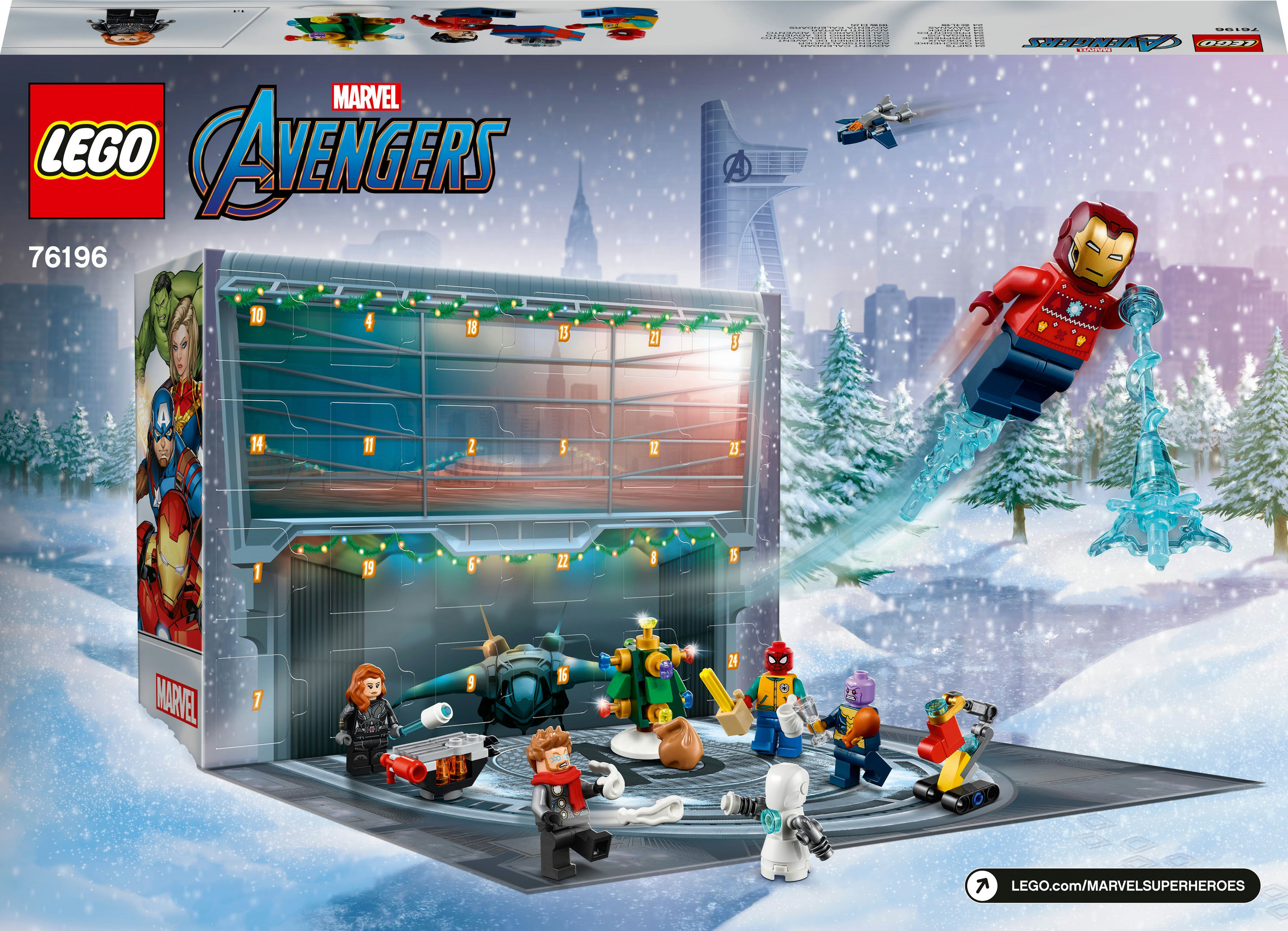 Zestaw LEGO Marvel Avengers Advent Calendar, z figurkami i zimową scenerią.