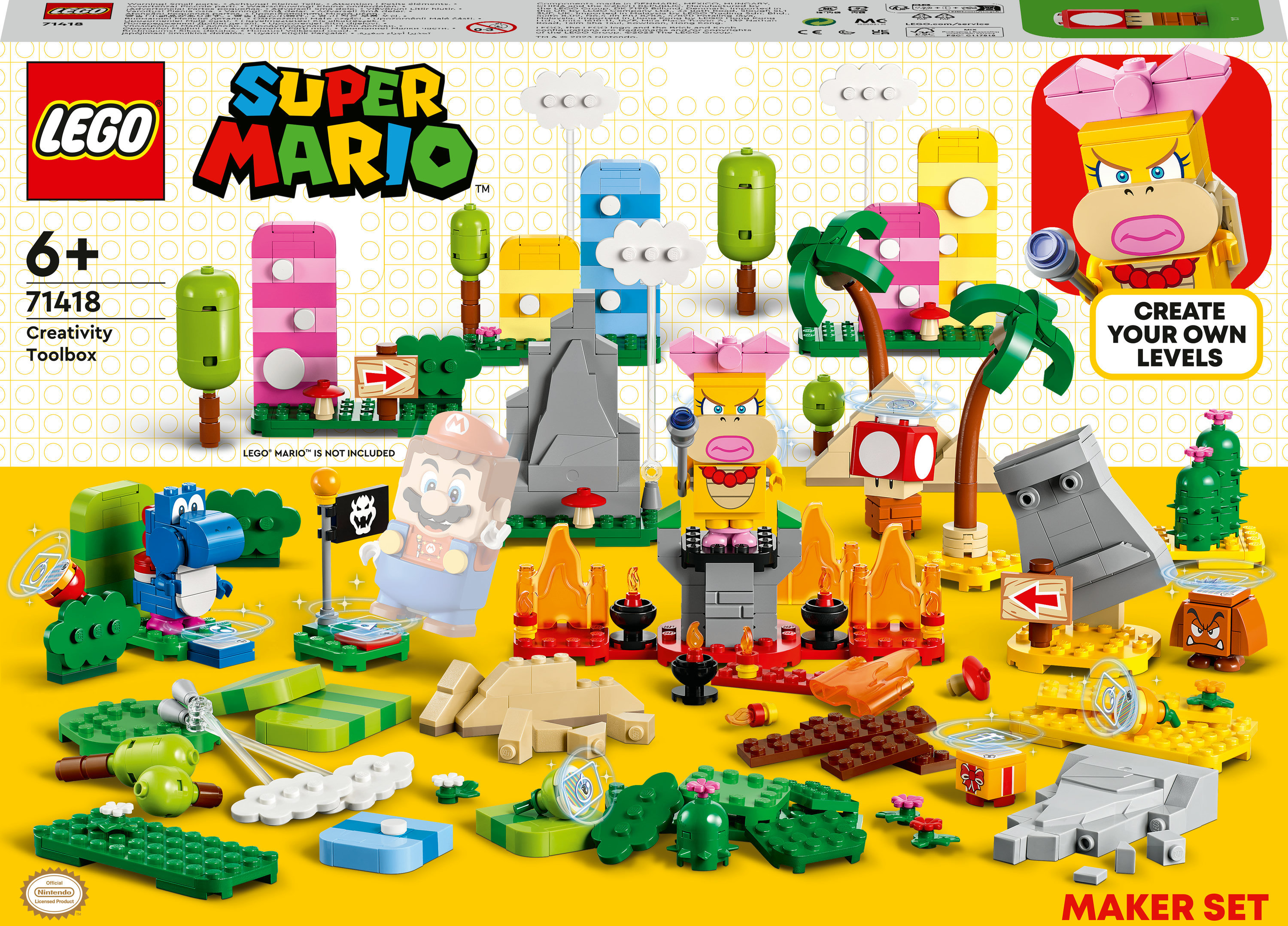 Lego Super Mario set met een doos, Mario figuur en diverse kleurrijke bouwstenen en figuren.