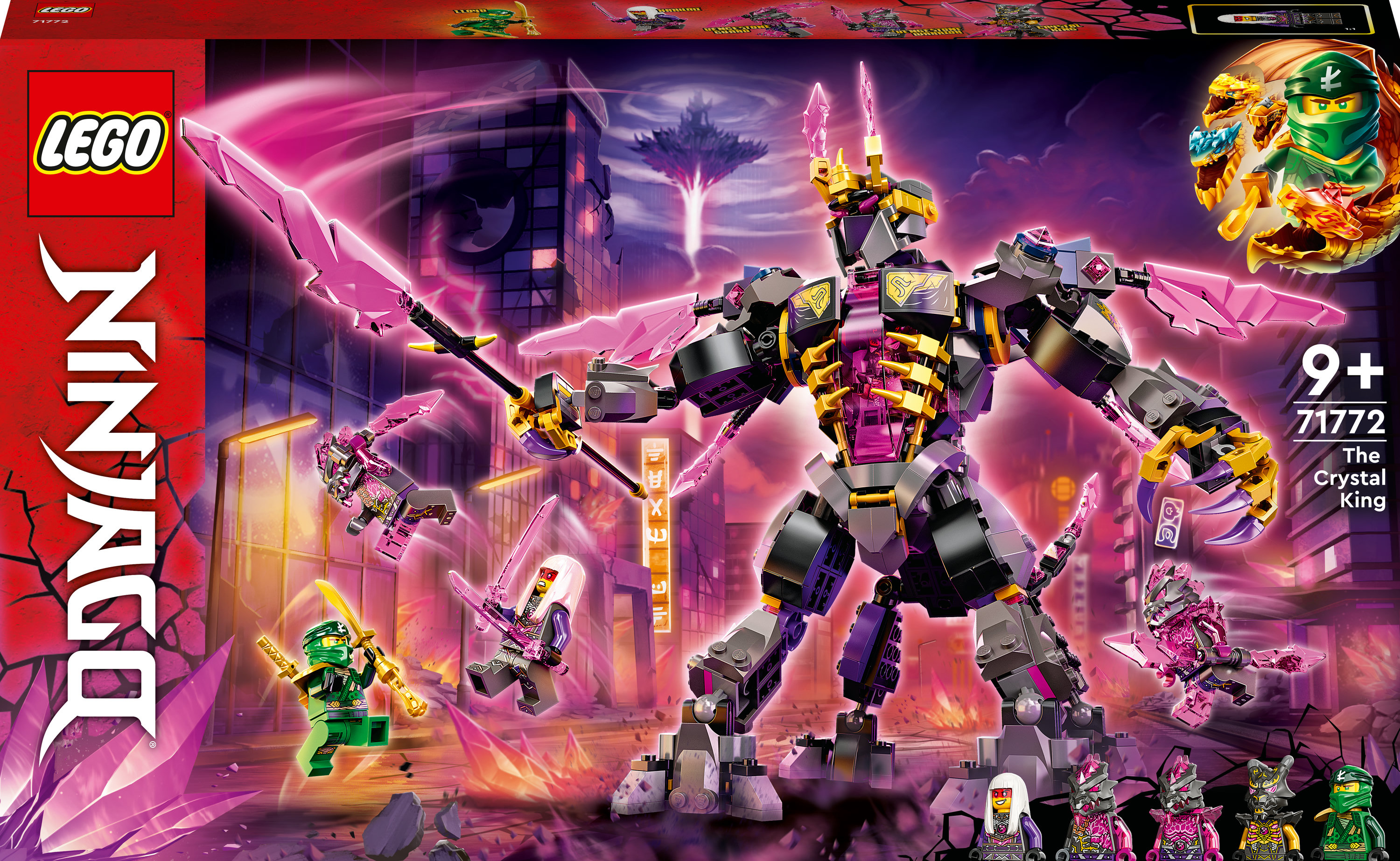 Scatola Lego Ninjago, una grande figura di robot con diverse figure più piccole. Lo sfondo ha una combinazione di colori viola.