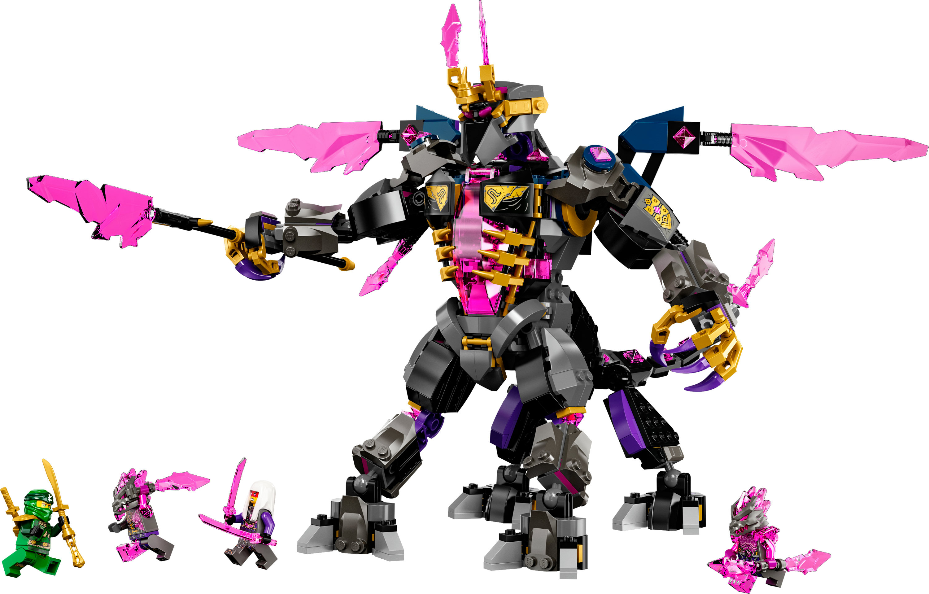 Un grande set LEGO Ninjago con un mech e molte figure ninja. Il set è pronto per giocare.