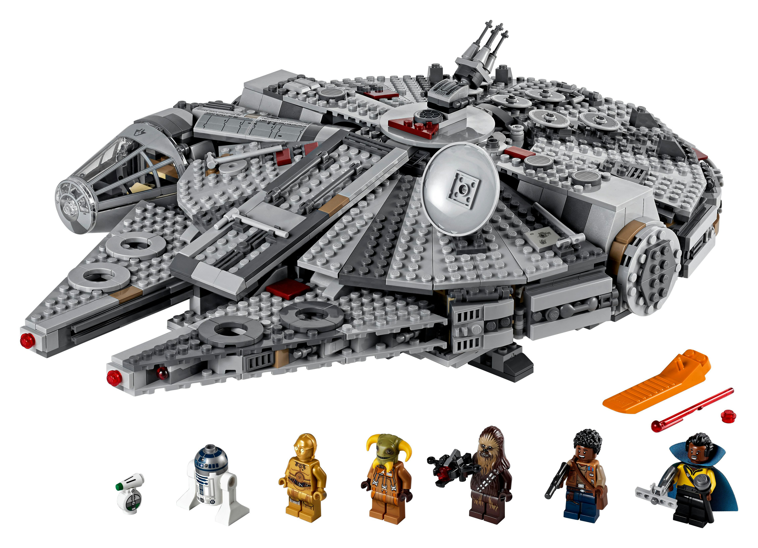 Zestaw Lego Star Wars Millennium Falcon. Kultowy statek kosmiczny z różnymi miniaturowymi figurkami.