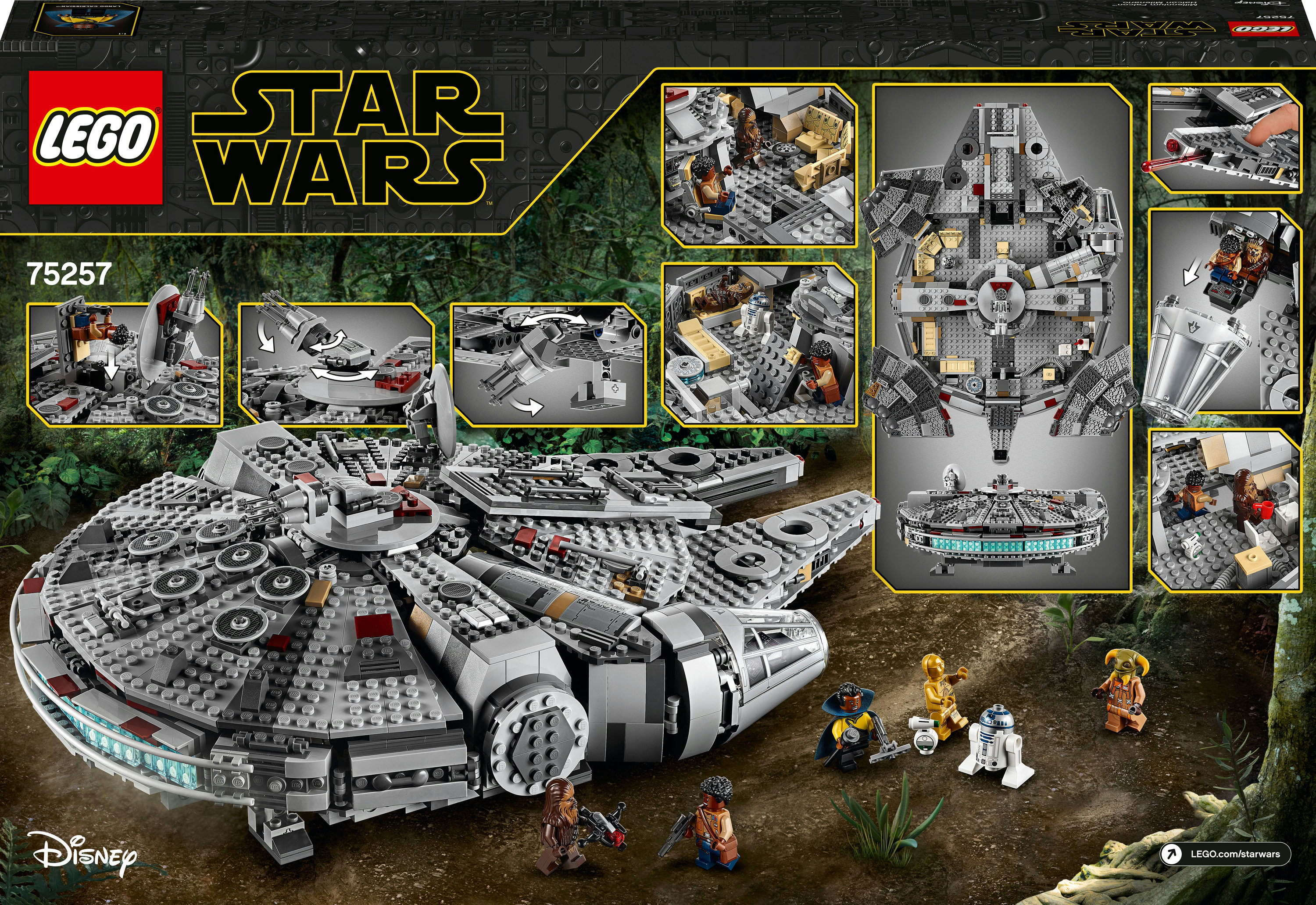 Pudełko LEGO Star Wars Millennium Falcon pokazujące złożony zestaw i szczegółowe sekcje.
