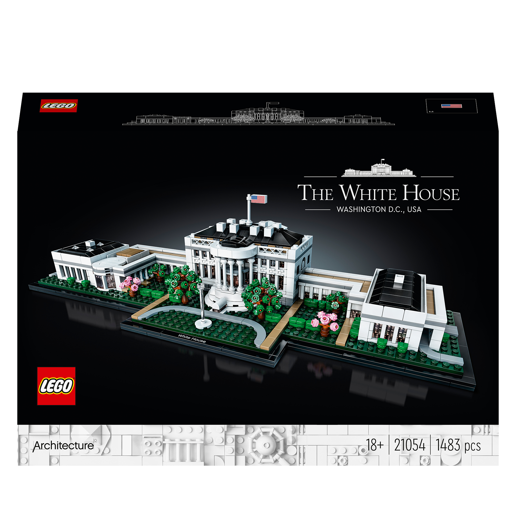 Zestaw LEGO The White House. Biały budynek z trawnikiem i drzewami. Czarne tło.
