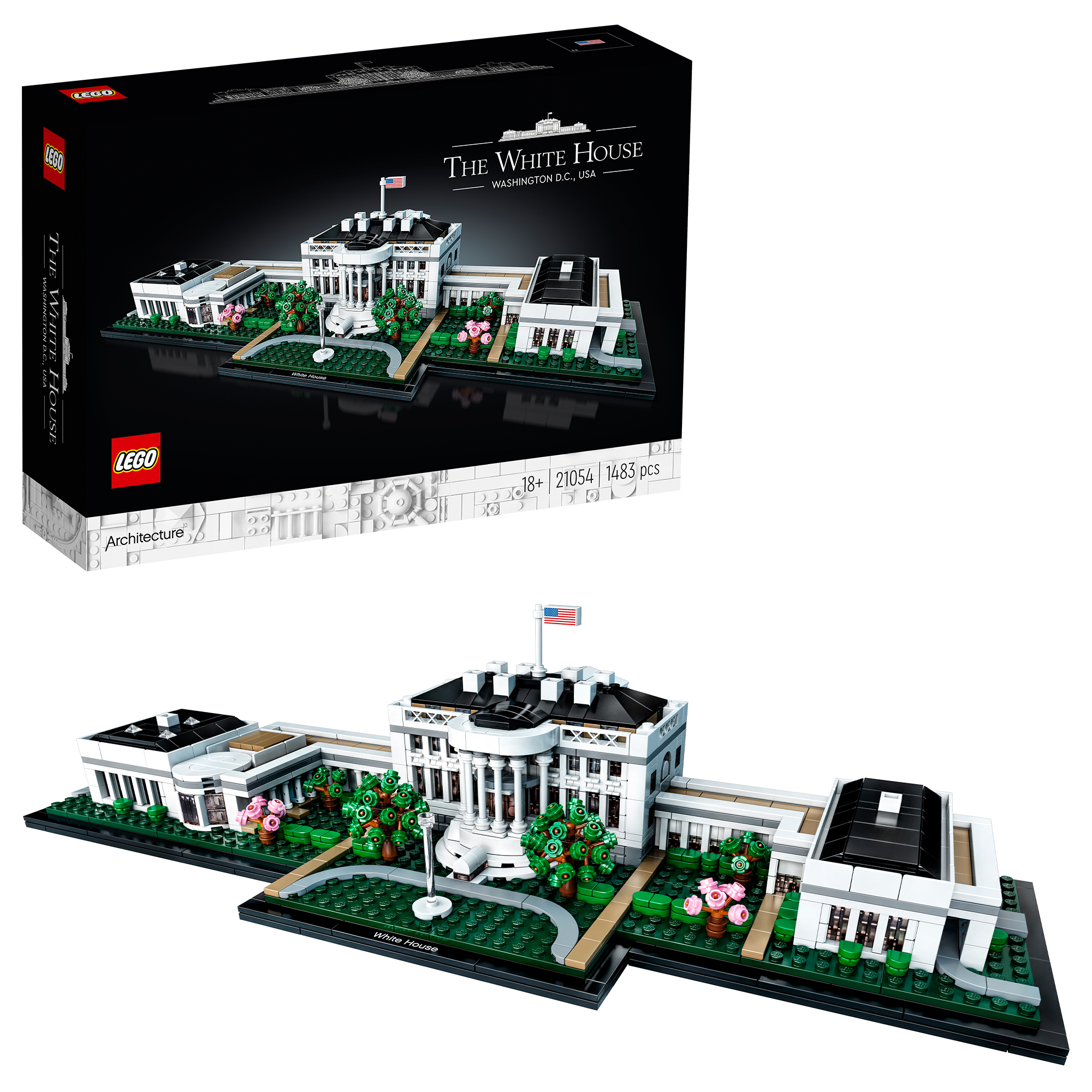 Zestaw LEGO Architecture Białego Domu, z pudełkiem w tle.