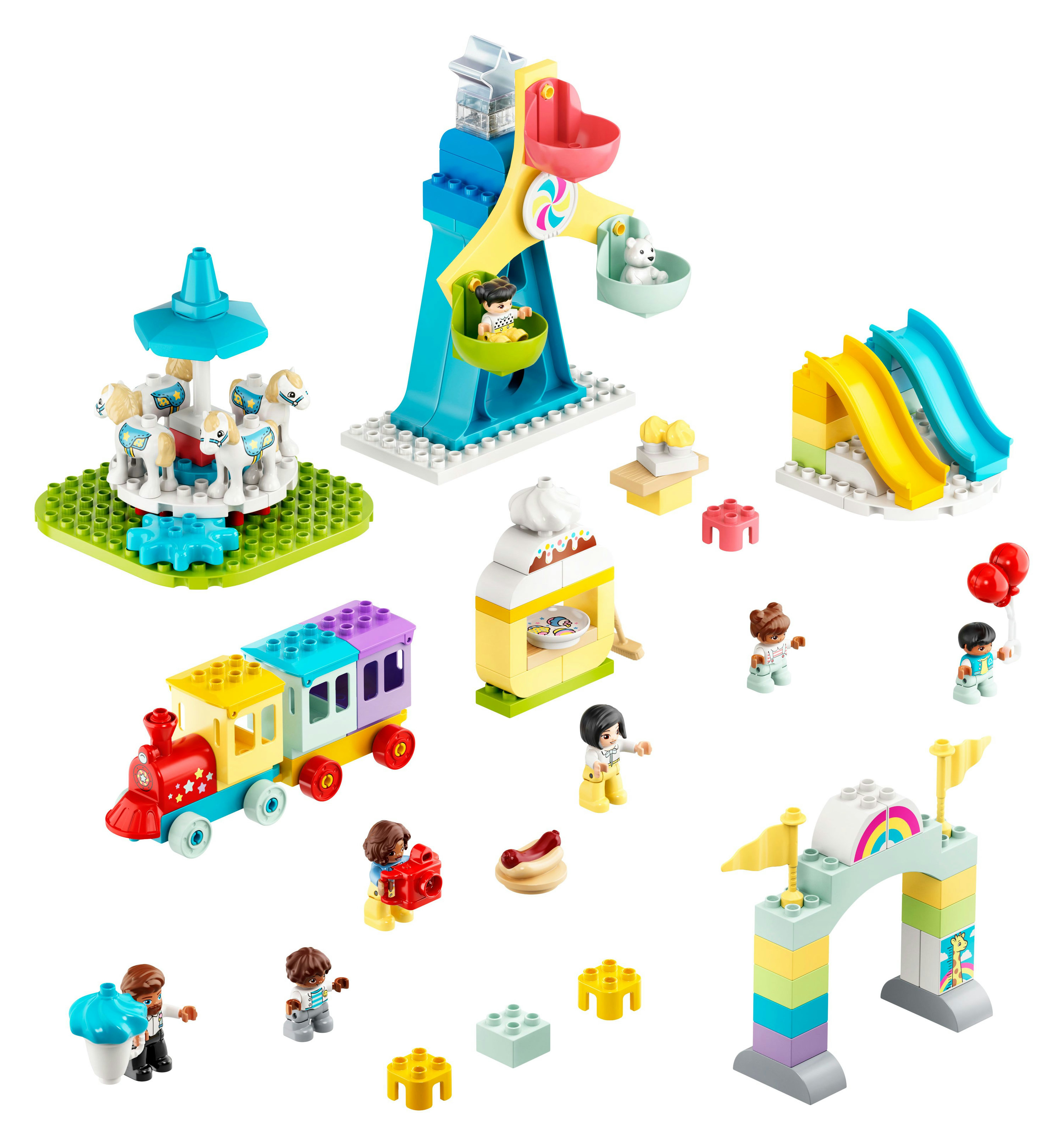 Lego-Vergnügungspark-Set. Enthält ein Karussell, ein Riesenrad, einen Zug, eine Rutsche und Imbissstände.
