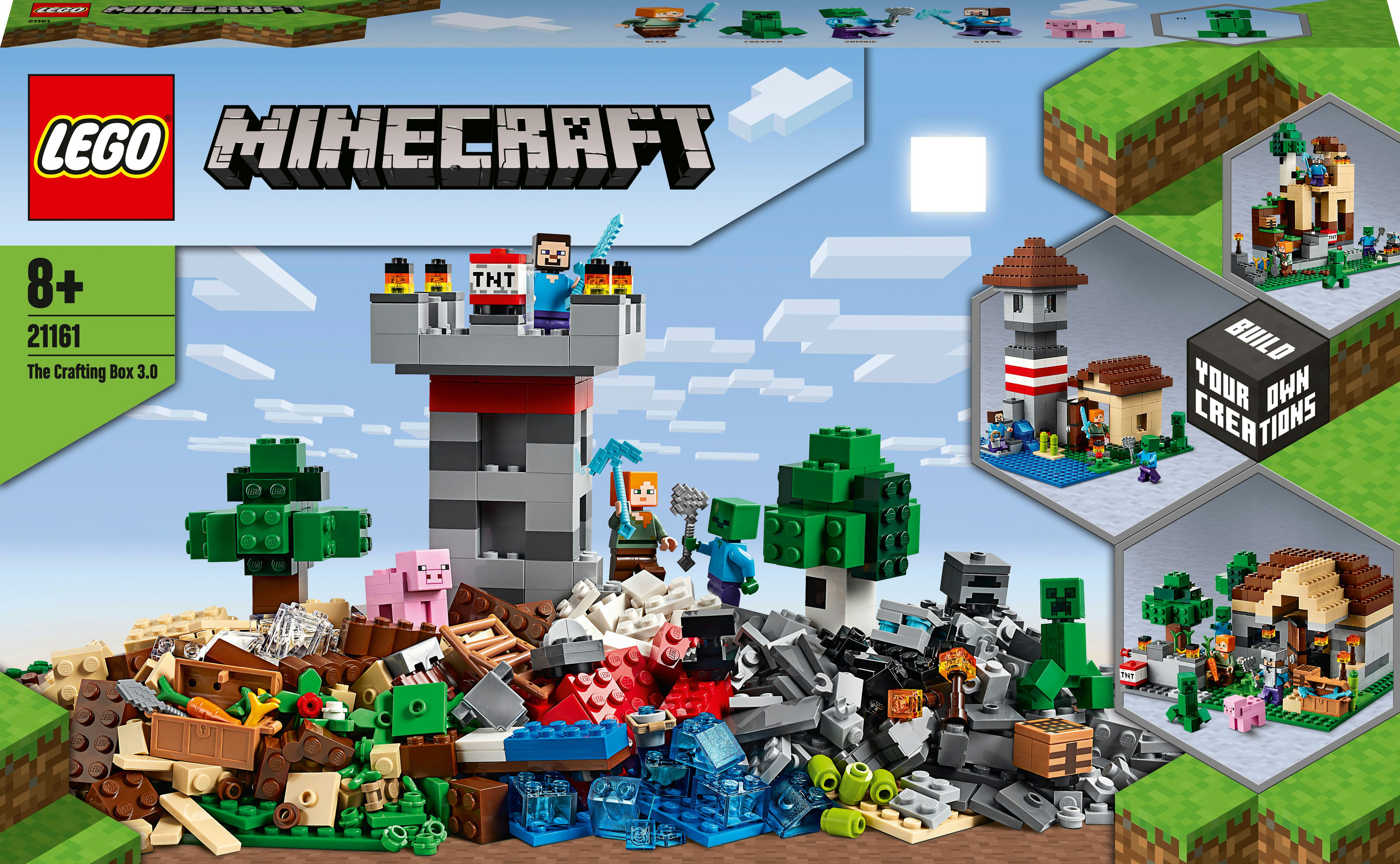 Set Lego Minecraft: scatola di creazione con torre, figure e vari blocchi.