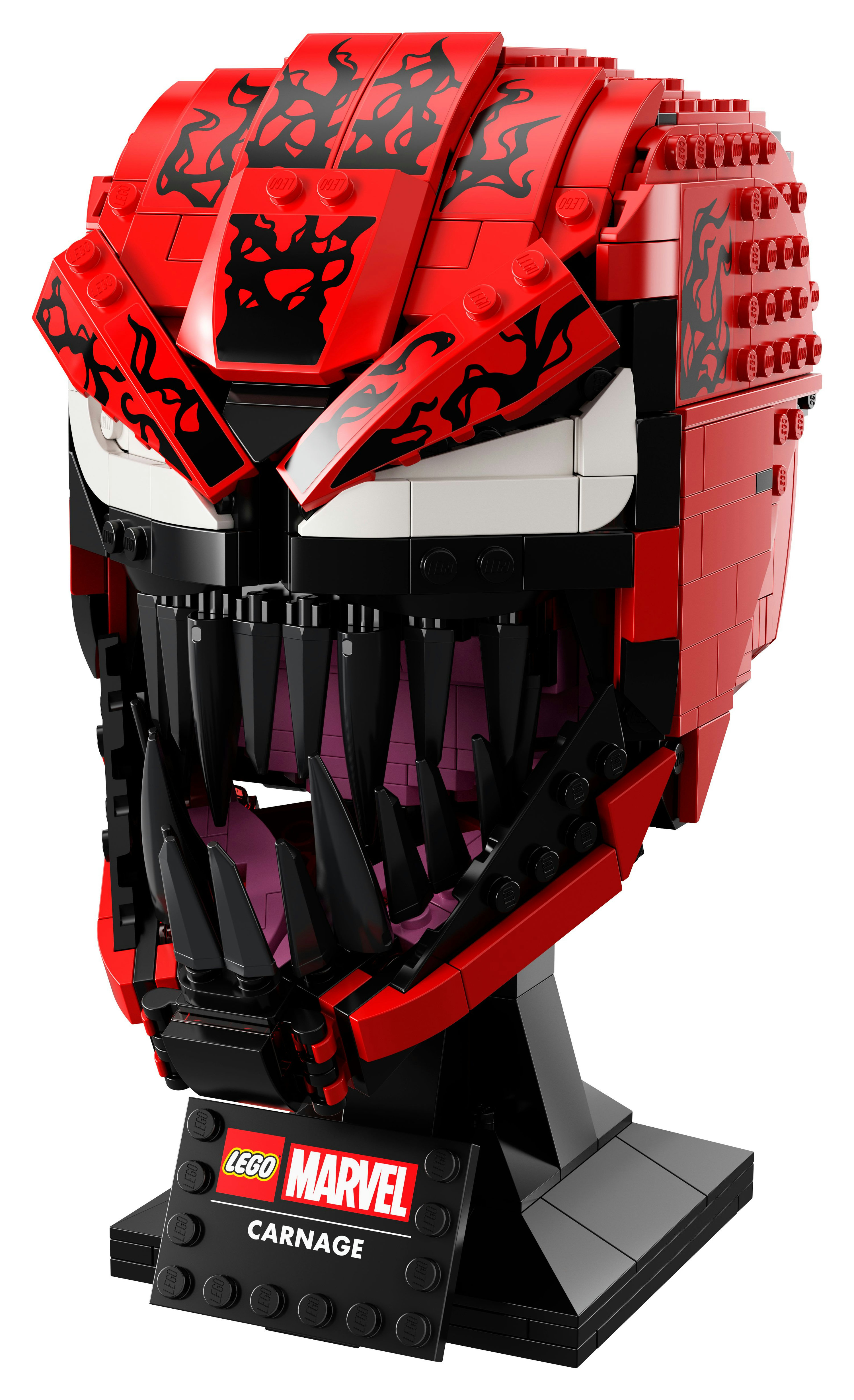 Busto Lego Marvel Carnage. Faccia rossa e nera con denti affilati. Base nera con loghi Lego e Marvel.