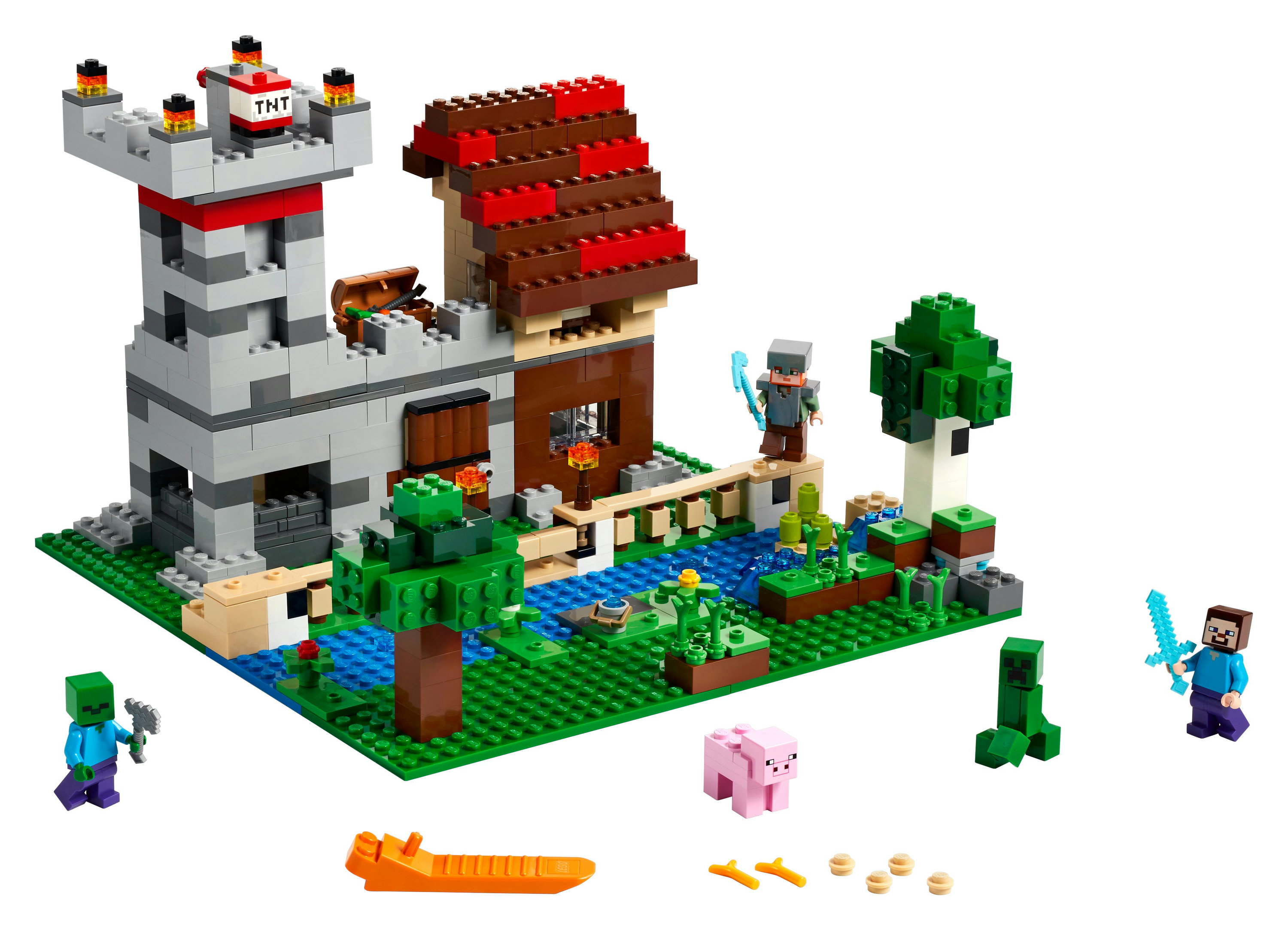 Set Lego Minecraft: castello con Steve, zombie, creeper e un maiale.