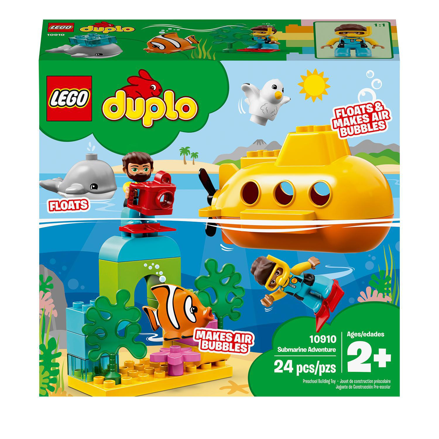 Ein Lego Duplo Set zeigt ein gelbes U-Boot, einen Taucher und einen Wal in einer Ozeanszene mit Blasen.