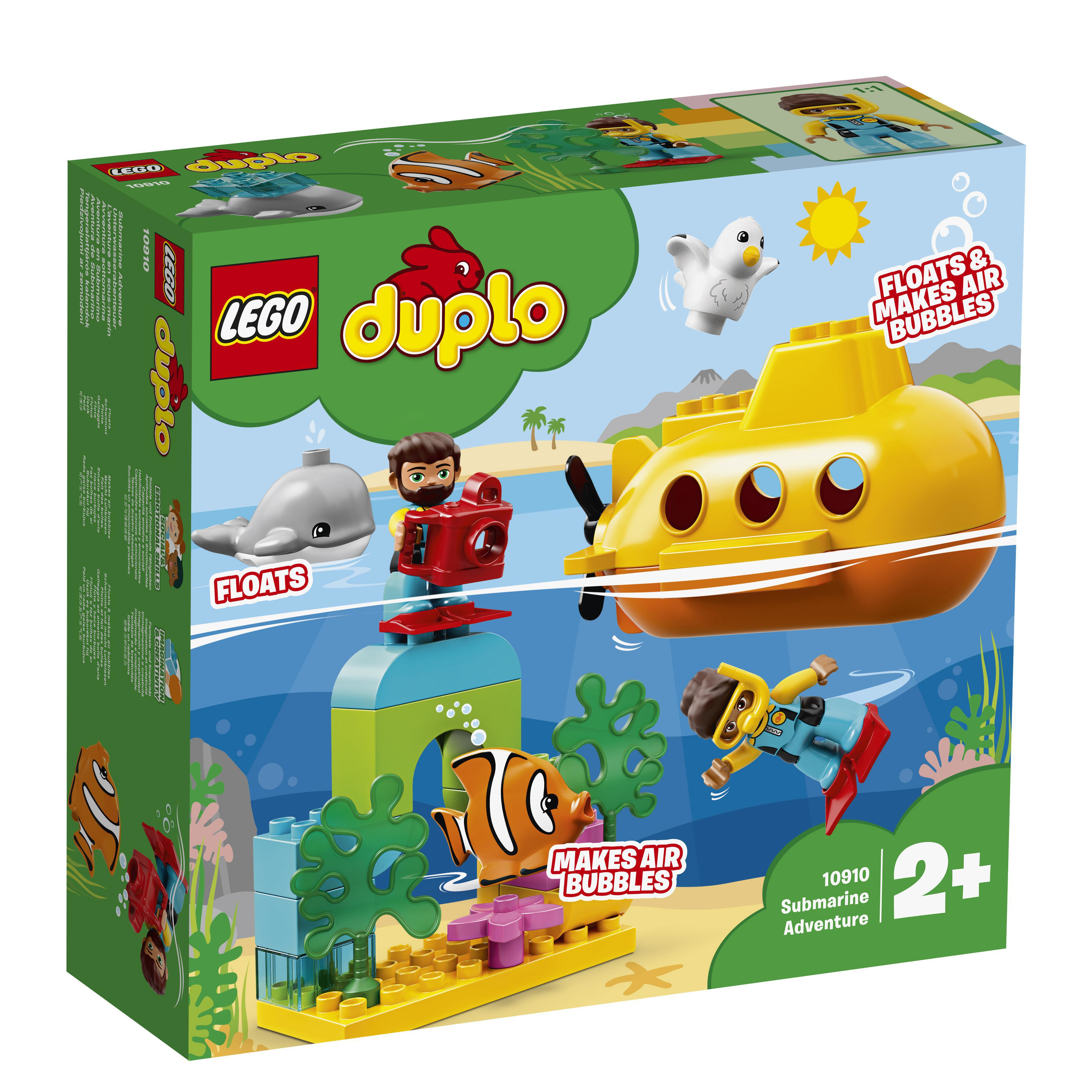 LEGO Duplo Box mit einem gelben U-Boot, einem Delfin, Figuren und einer bunten Unterwasserszene.
