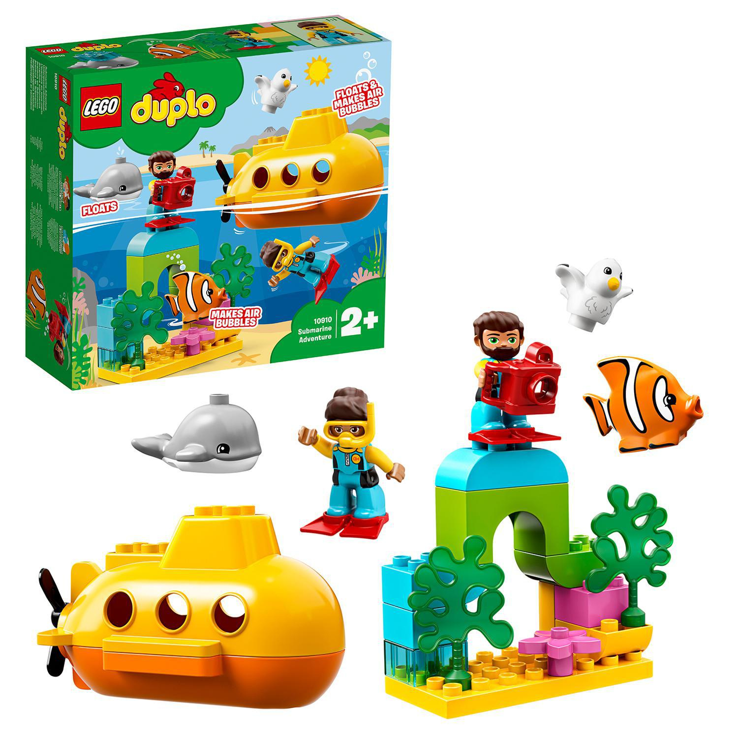 Lego Duplo U-Boot-Set, das ein gelbes U-Boot, Figuren und Unterwasserszenen zeigt.