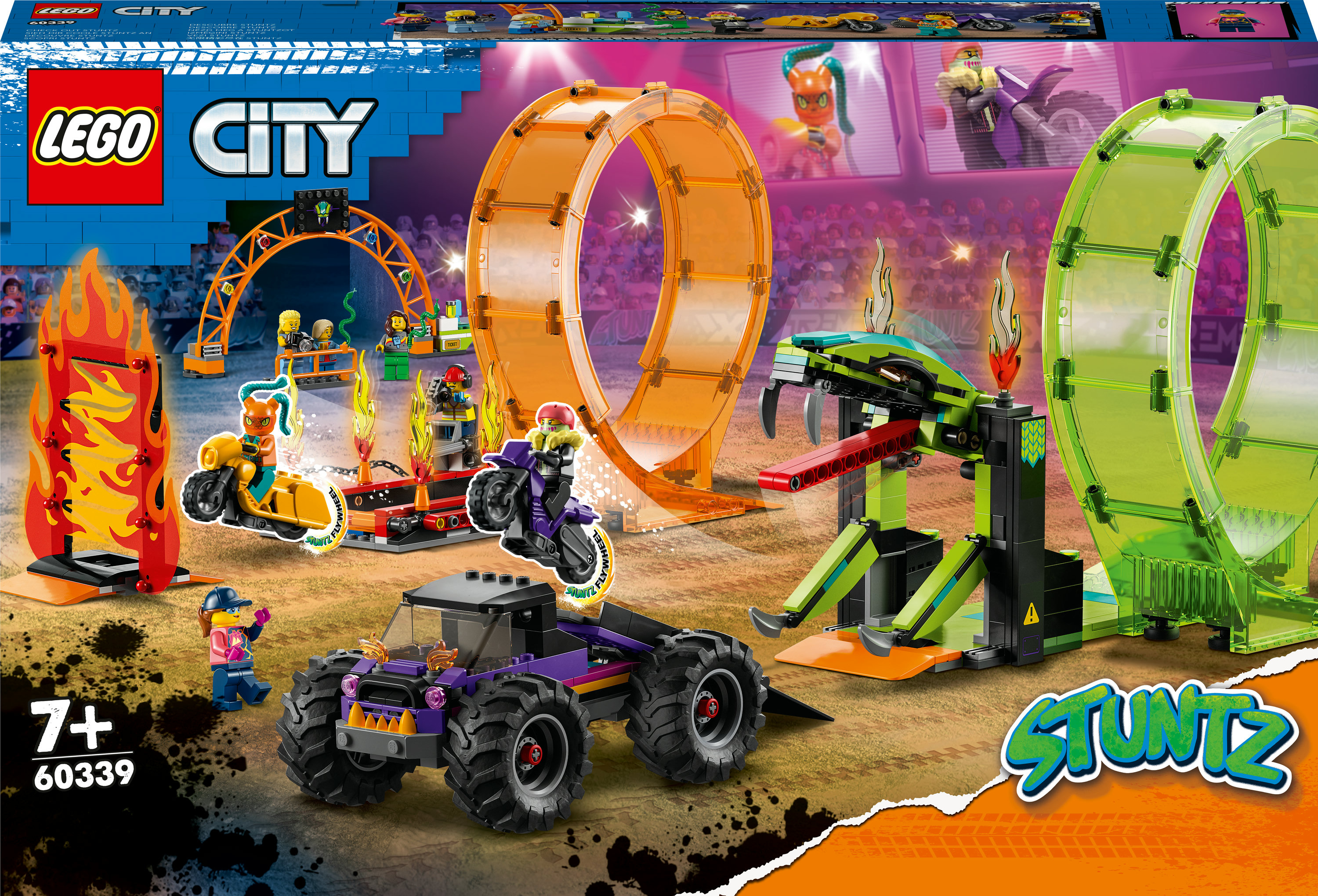 LEGO City Stuntz Set zeigt Stunt-Bikes, einen Monstertruck und Rampen mit Feuerelementen.