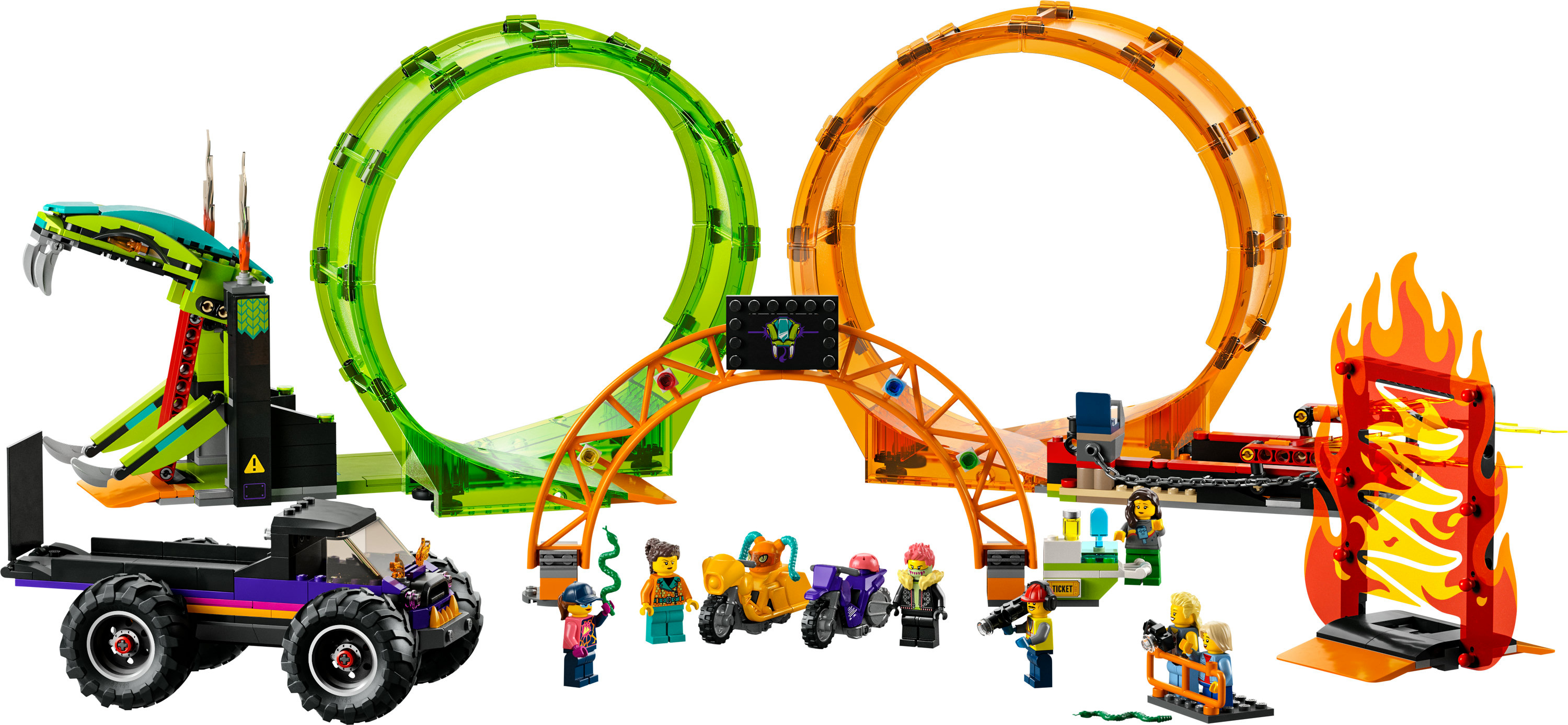 Lego Stunt-Show-Set mit Loopings, Rampen, Monstertruck, Motorrädern und Stunt-Figuren.