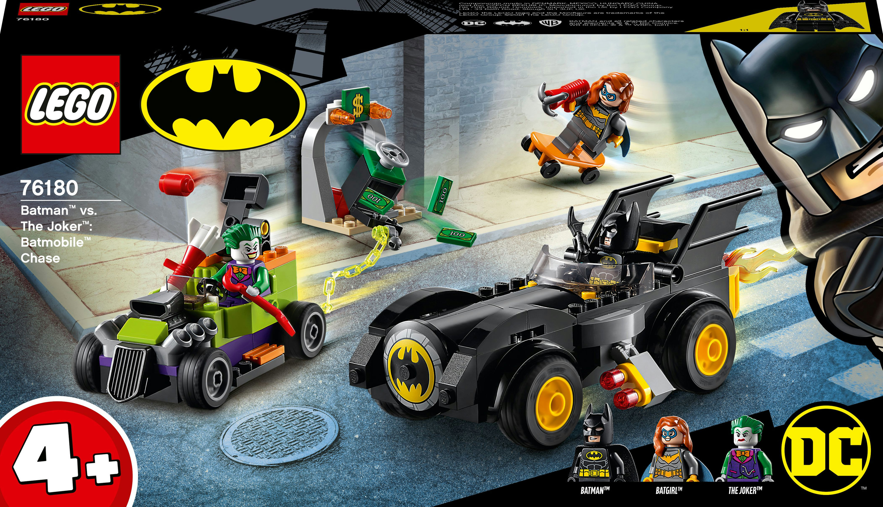 Zestaw Lego: Batman kontra Joker z samochodami i minifigurkami, scena uliczna.