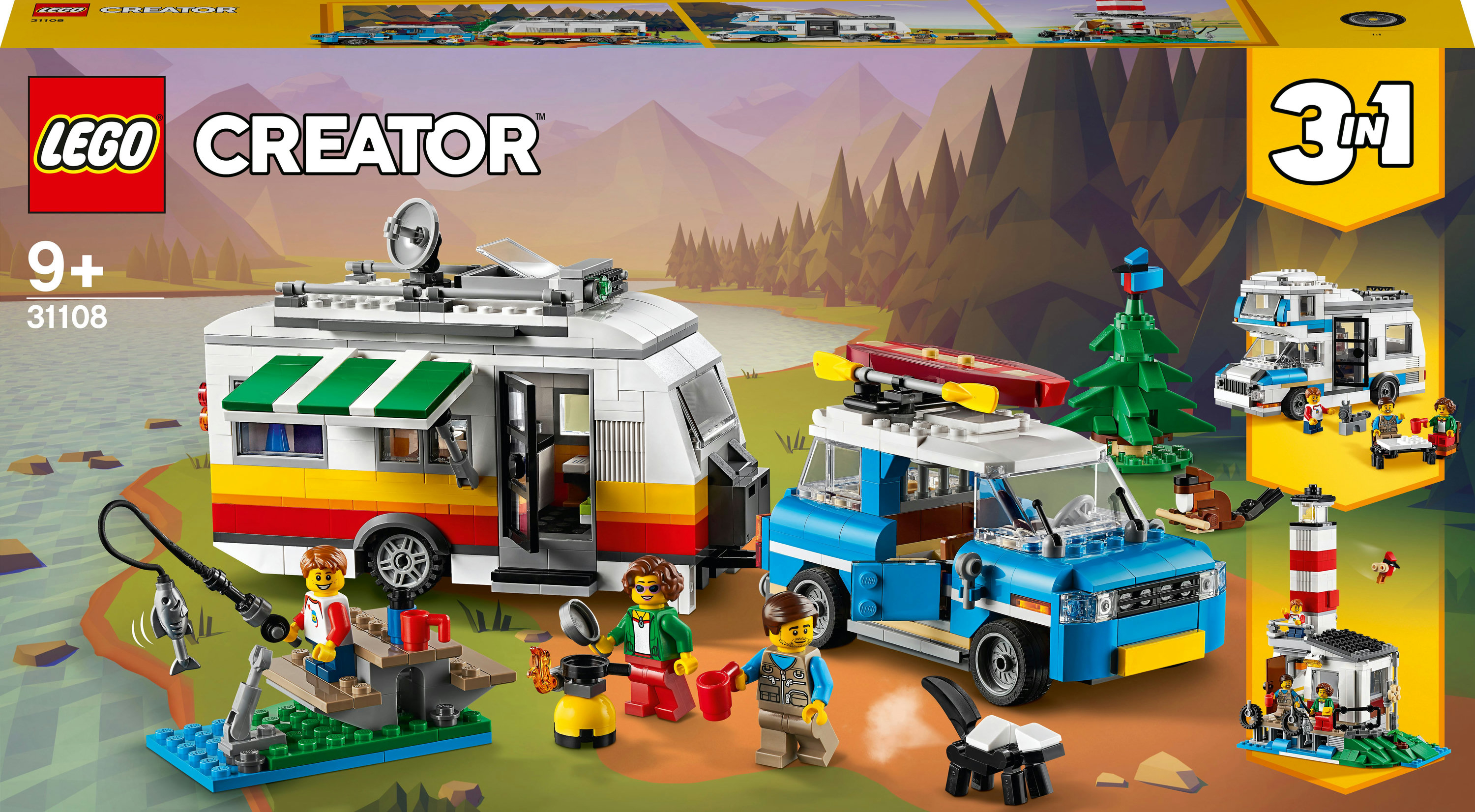 Lego Creator Set: Wohnmobil und Auto in einem Wald mit Menschen und Angeln.