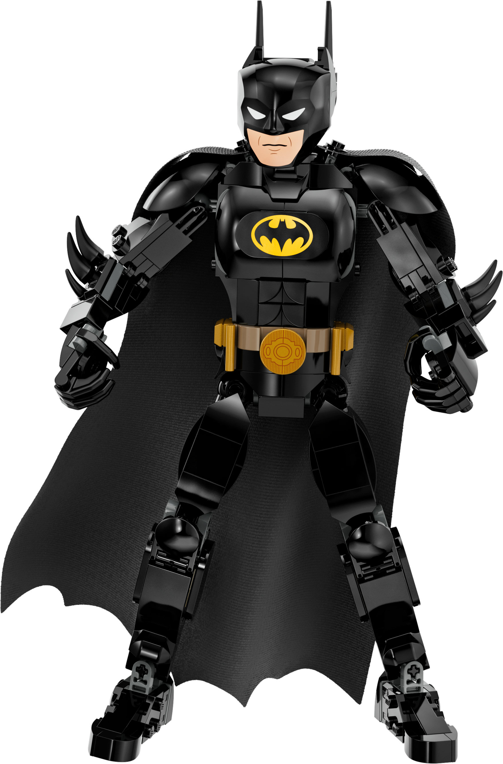Figura de Lego Batman, traje negro, logo amarillo, capa, y pose de pie.