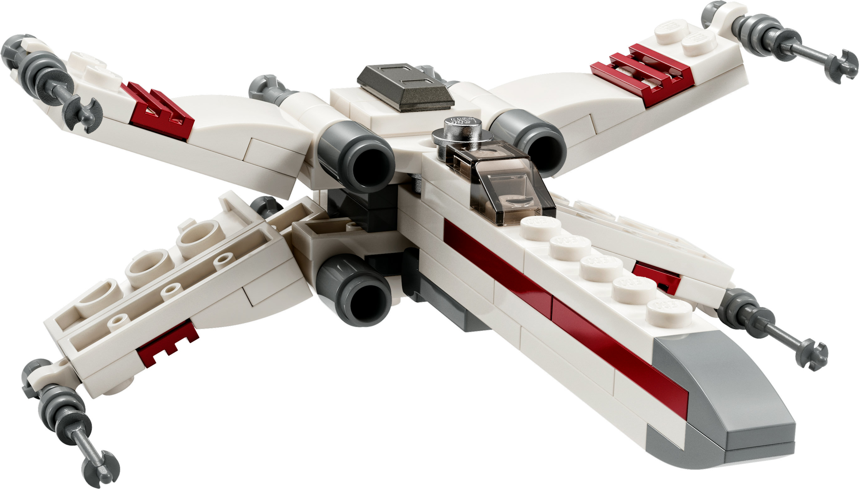 Modello di caccia X-wing Lego Star Wars, con dettagli bianchi e rossi, su sfondo bianco.