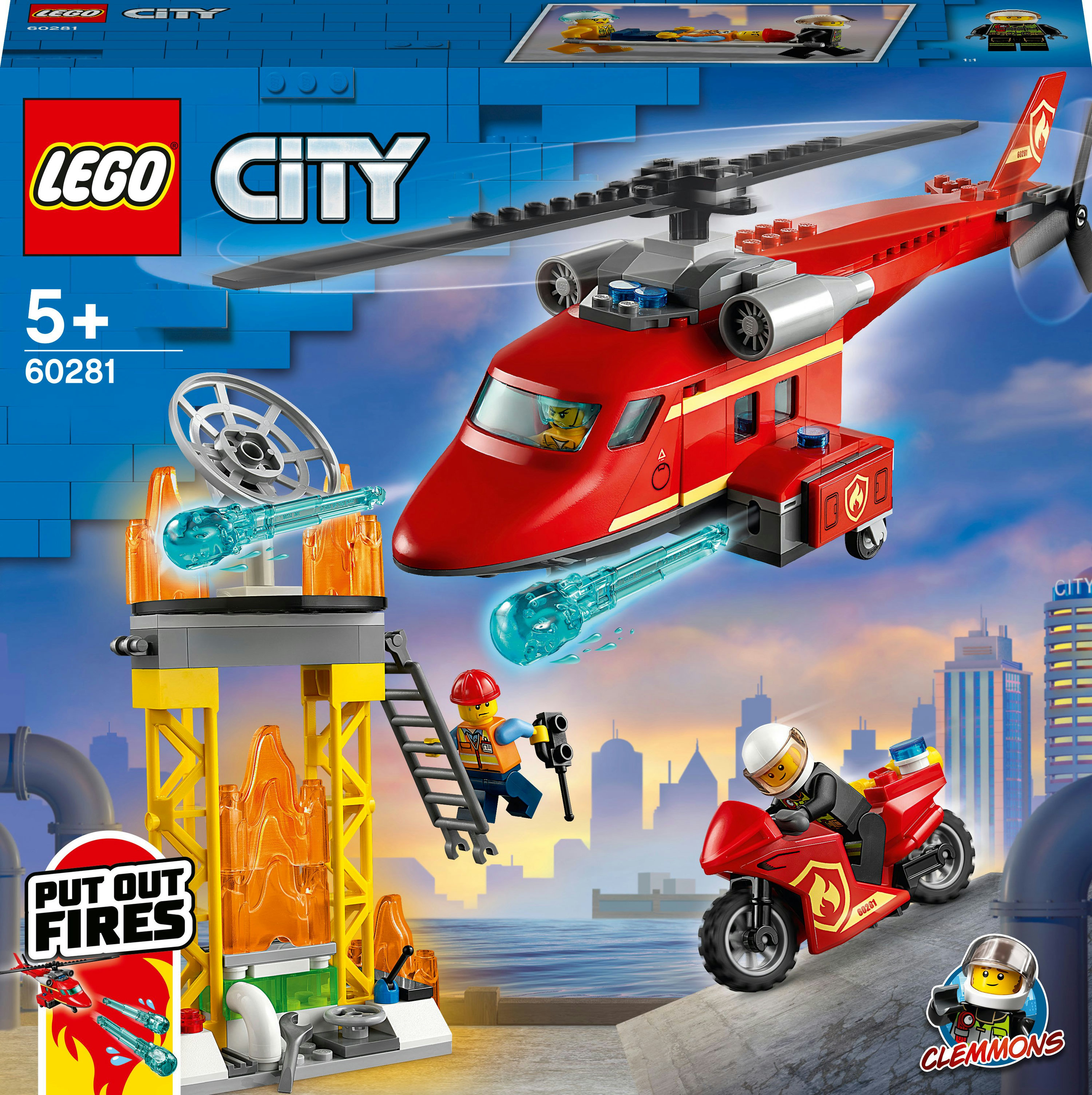 Lego City Set mit rotem Hubschrauber, Feuerwehrmann und einer Feuerszene mit Motorrad.