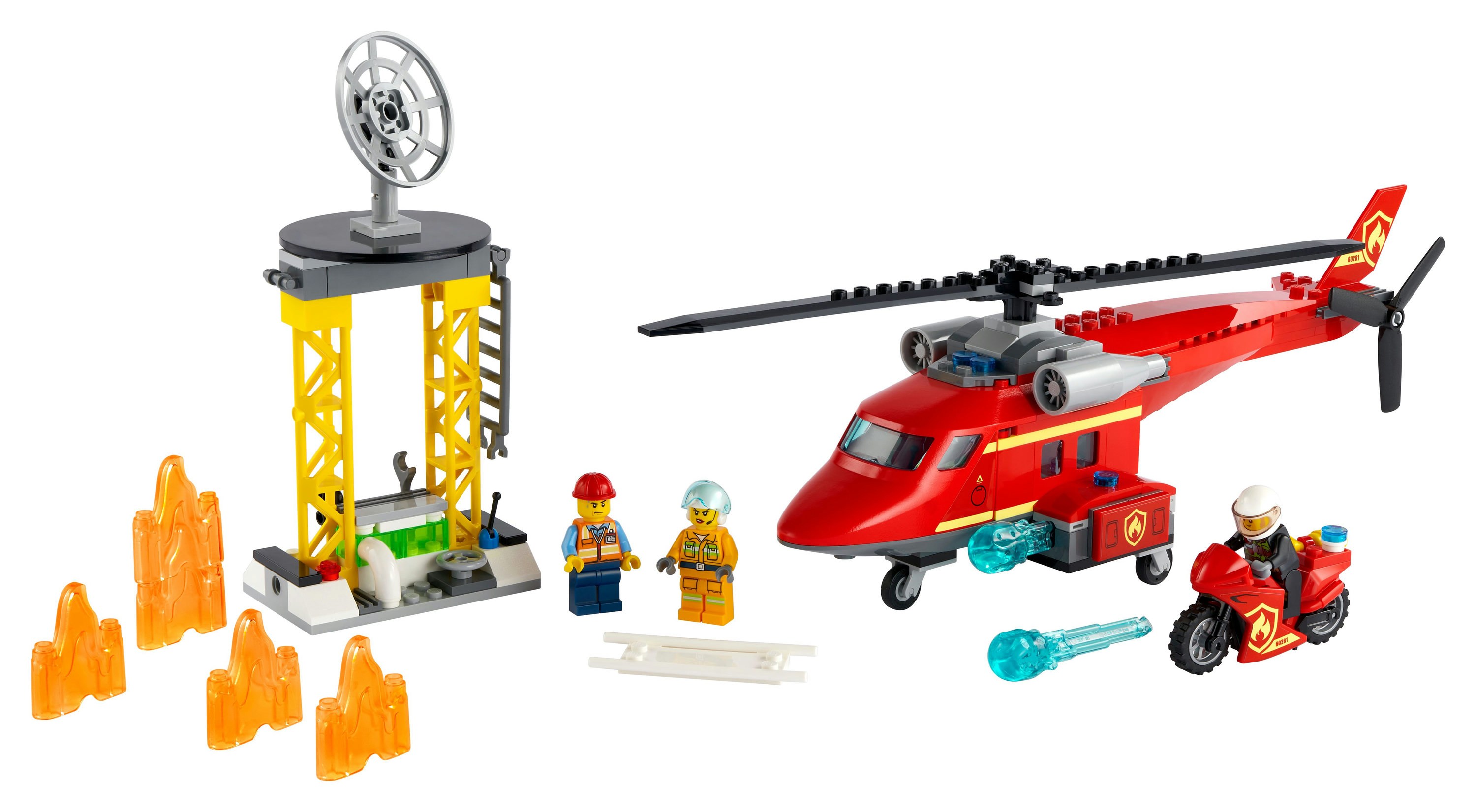 LEGO City Feuerwehr Hubschrauber-Set. Roter Hubschrauber, Feuerwehrleute und eine Rettungsszene.