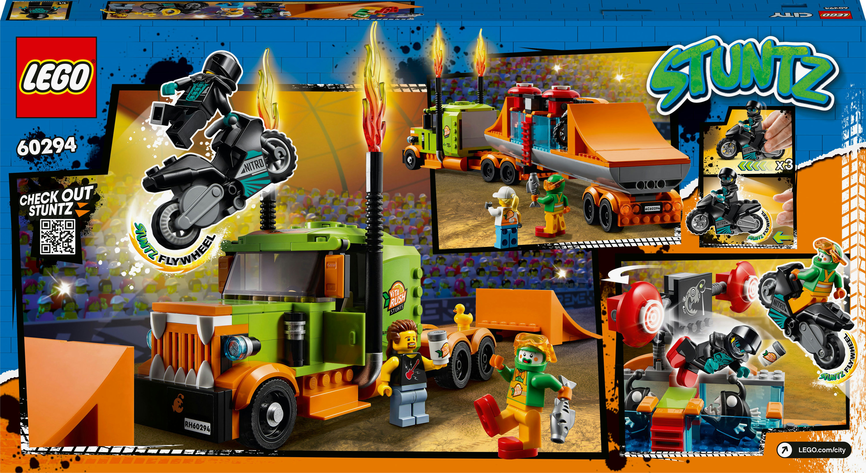 Lego Stuntz Box-Art mit Stunt-Truck, Rampe, Motorrädern und Minifiguren.