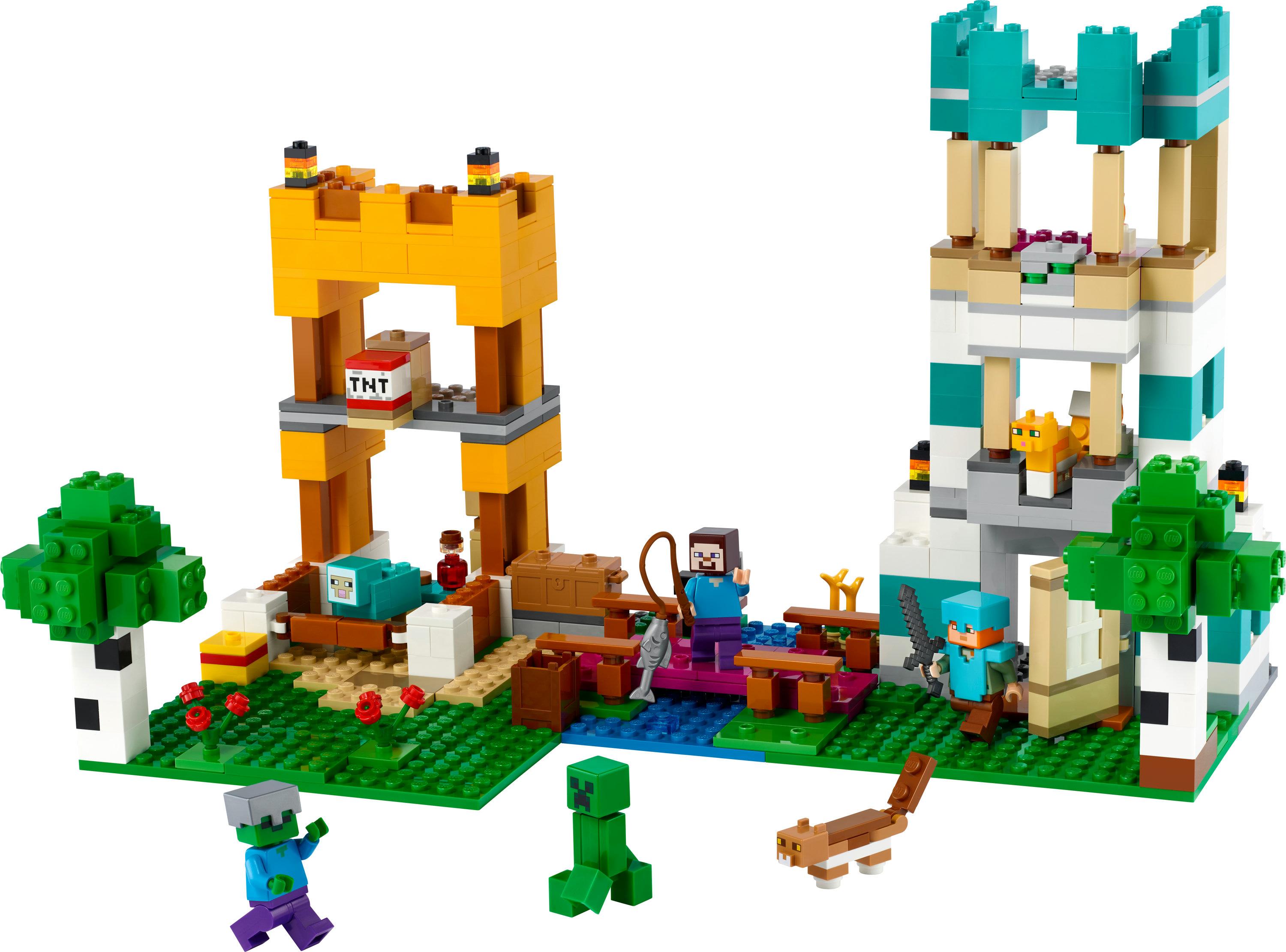 Lego Minecraft Set. Enthält zwei Türme, Figuren und eine Minecraft-Szene mit Bäumen, Charakteren und TNT.