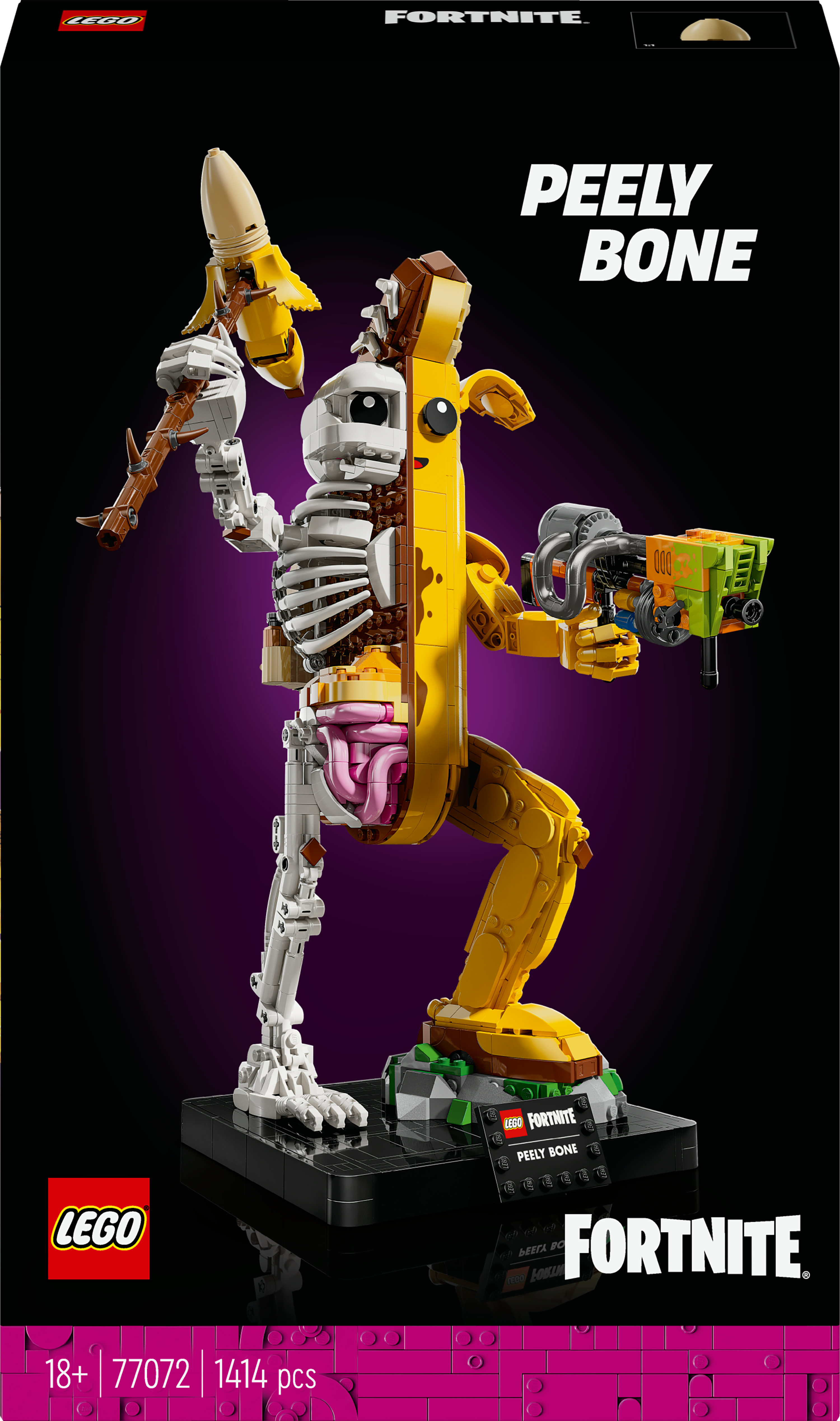 LEGO Fortnite Peely Bone Set-Box. Das Bild zeigt die Komponenten des Sets. Der Hintergrund ist lila.