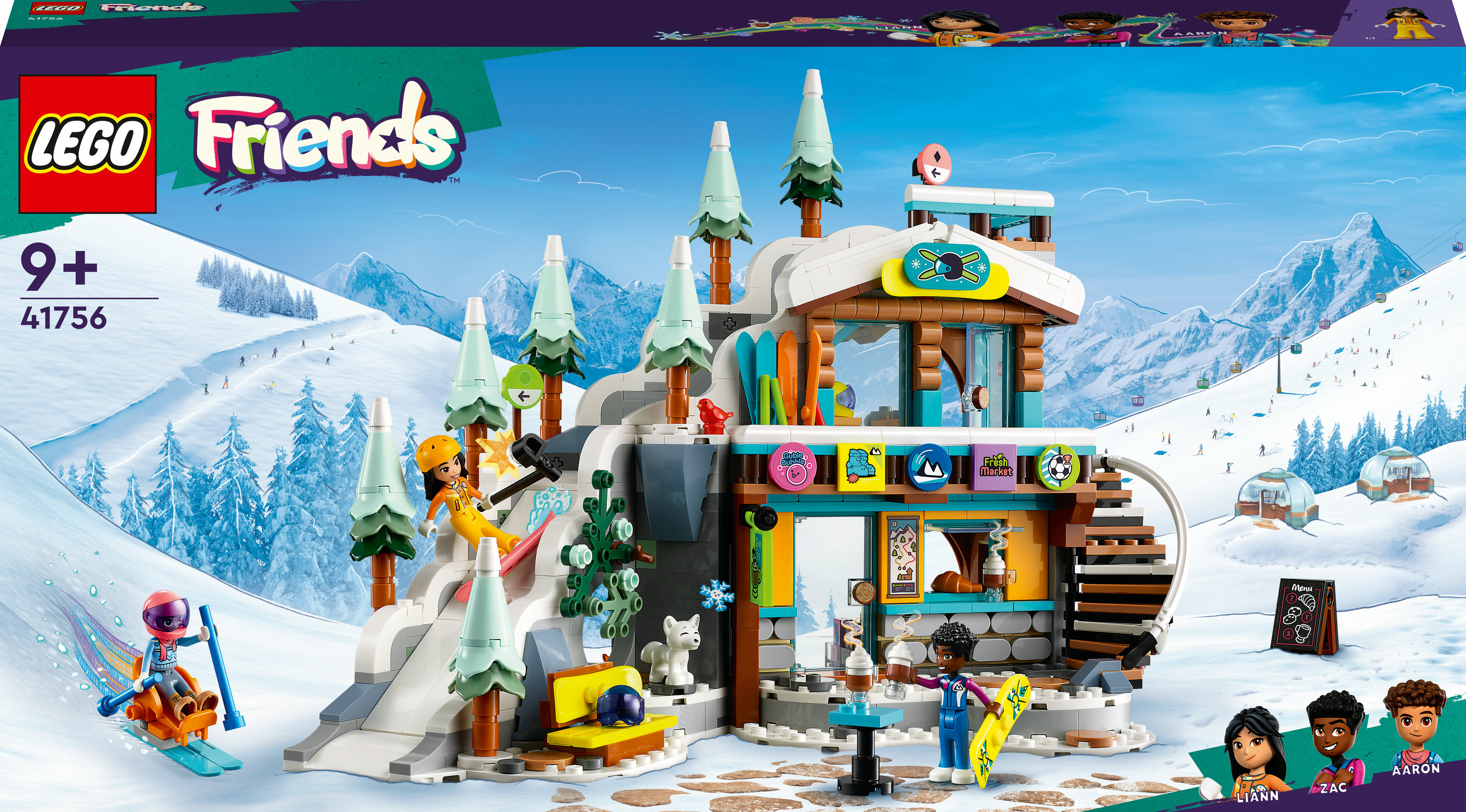 Set Lego Friends. Incluye una escena de estación de esquí con cabaña, nieve y figuras.