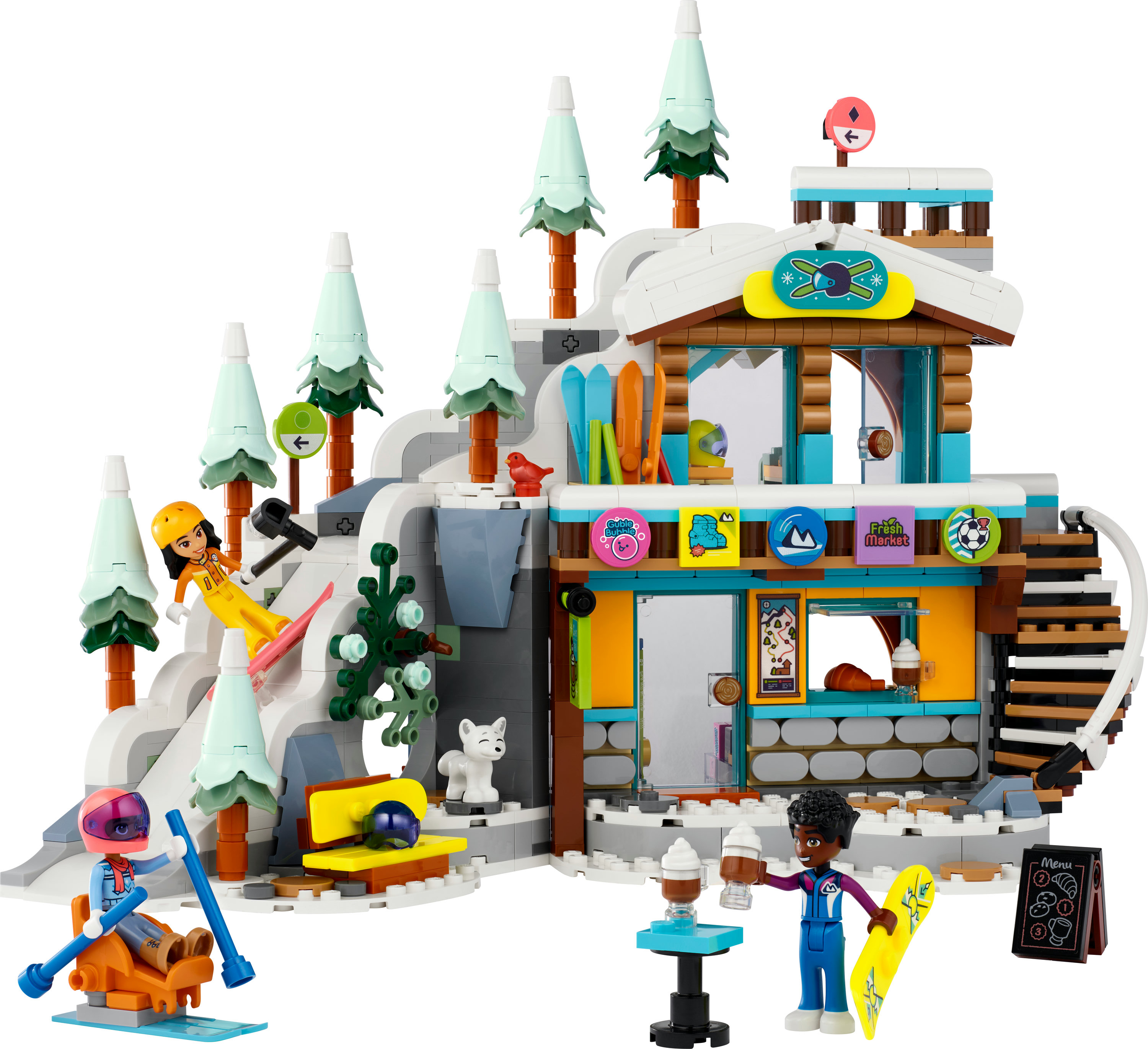 Set de esquí Lego con figuras esquiando y en una cafetería. Fondo blanco nevado.
