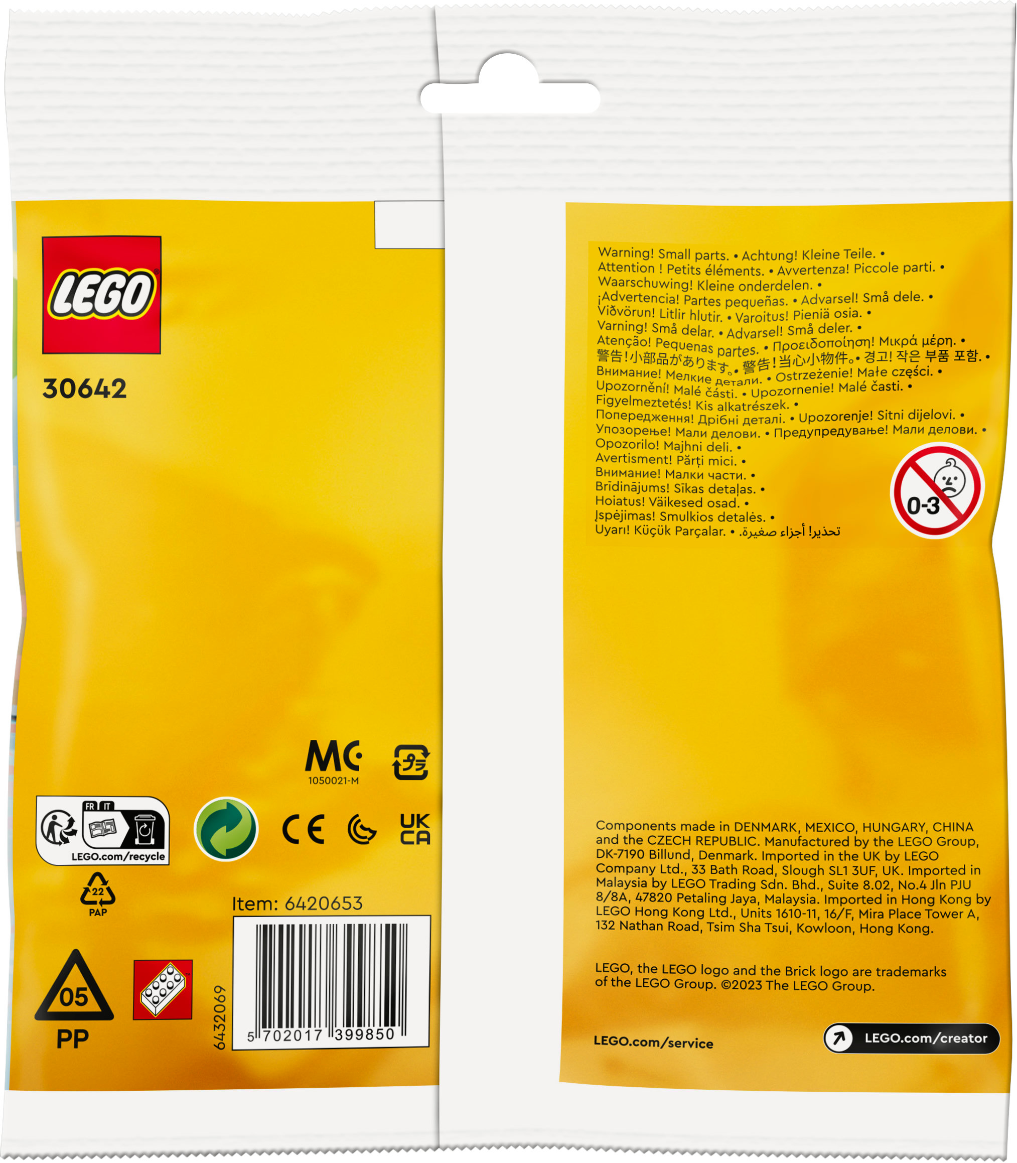 Busta LEGO con piccole parti. Contiene avvertenze e informazioni sul prodotto.