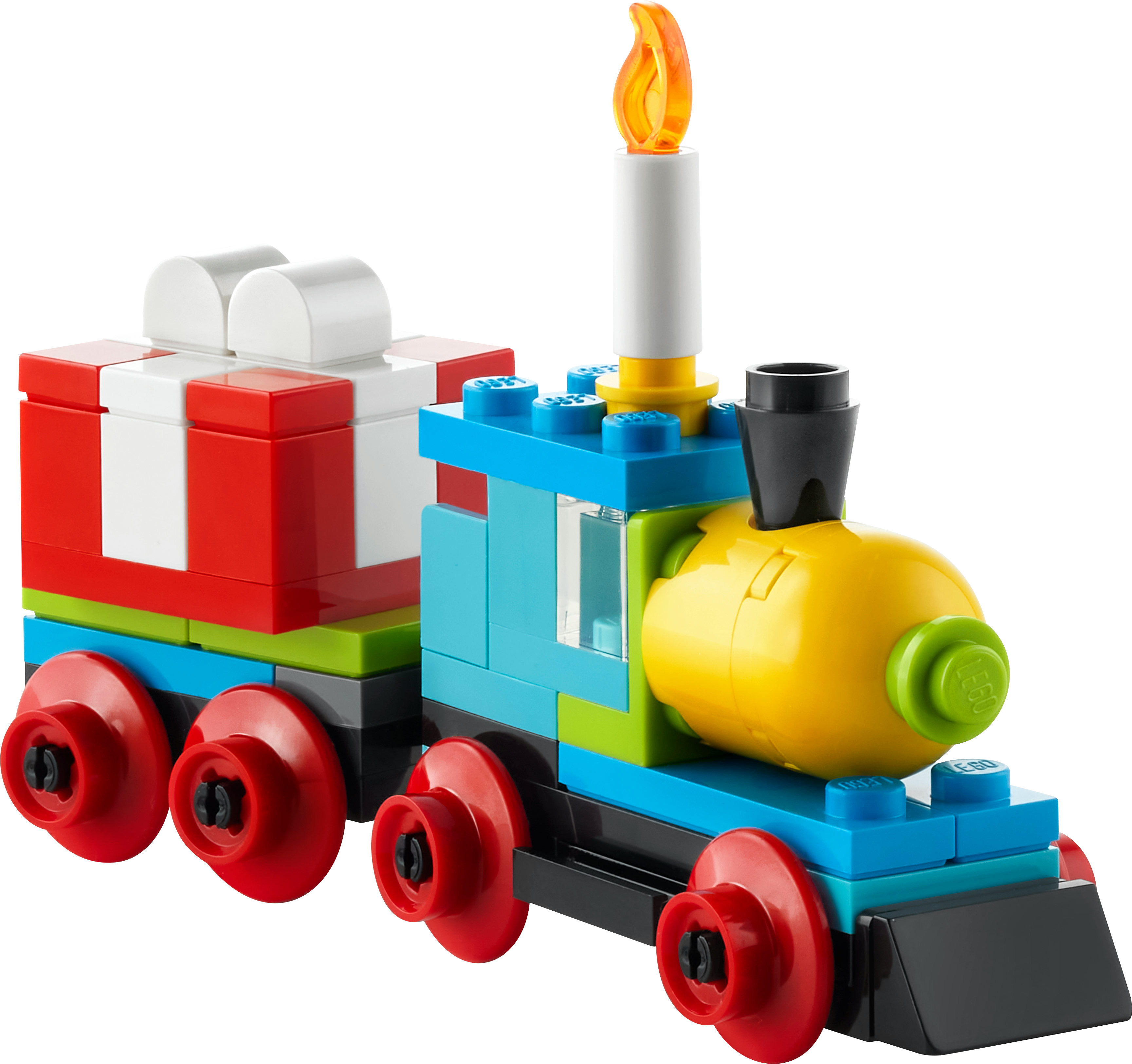 Un set di treni Lego Duplo con un treno blu, una confezione regalo e una candela accesa, su sfondo bianco.