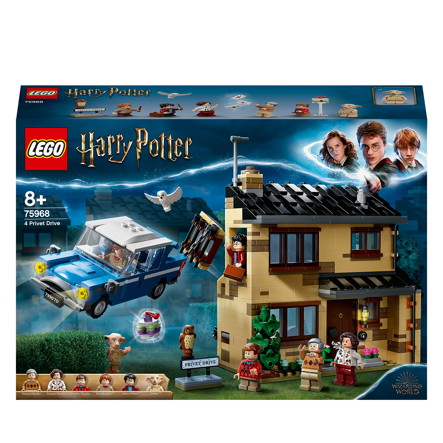 Zestaw Lego Harry Potter z domem z latającym samochodem, figurkami Harrego, Rona i innych oraz grafiką pudełka.