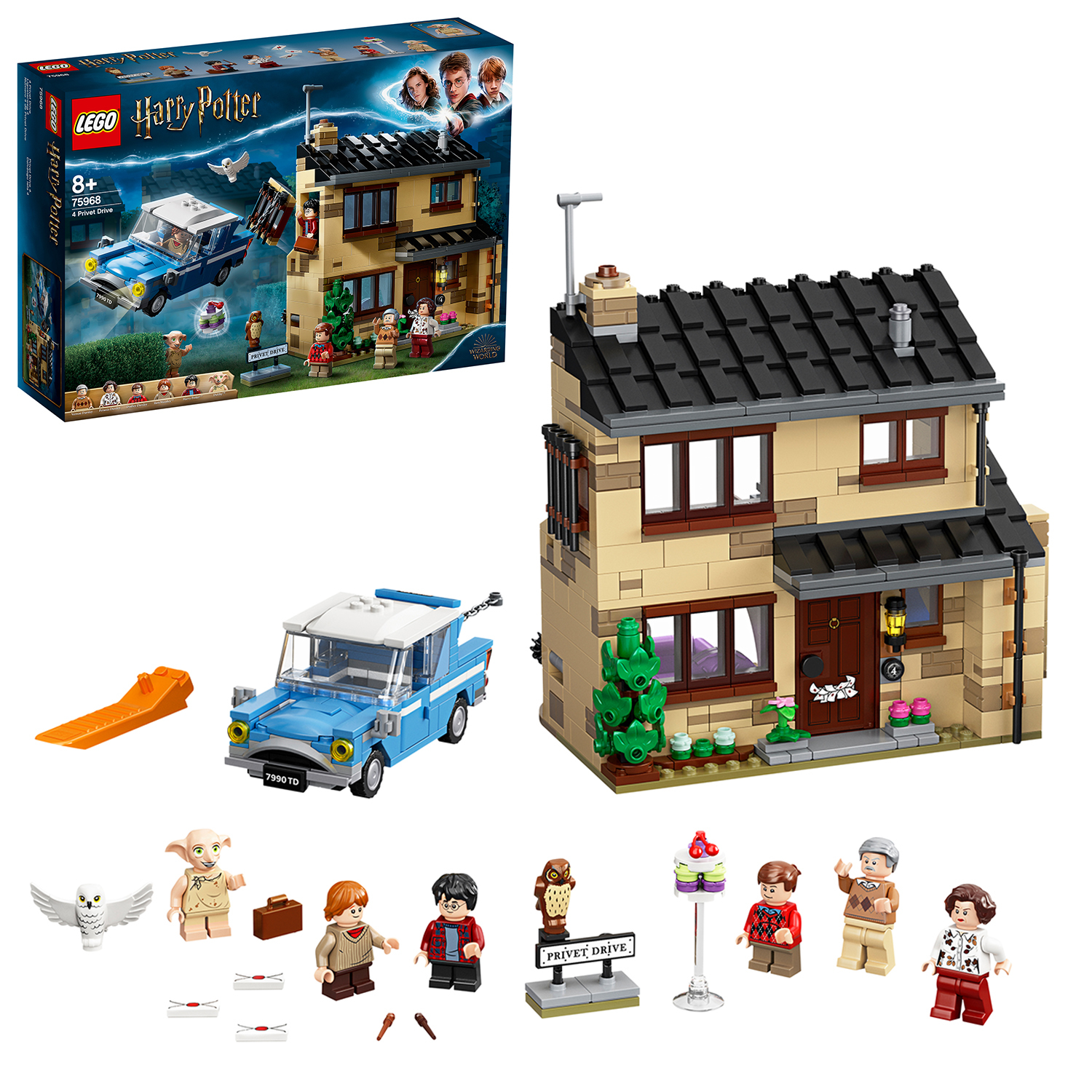 Zestaw LEGO Harry Potter domu Privet Drive, niebieskiego samochodu i minifigurek.