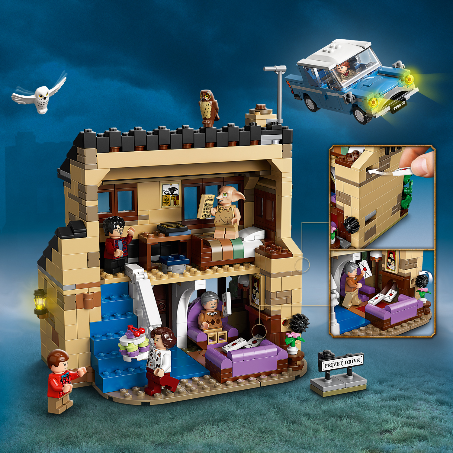 Zestaw Lego przedstawia scenę domu z minifigurkami, latającym samochodem, duchem i szczegółowym wnętrzem.