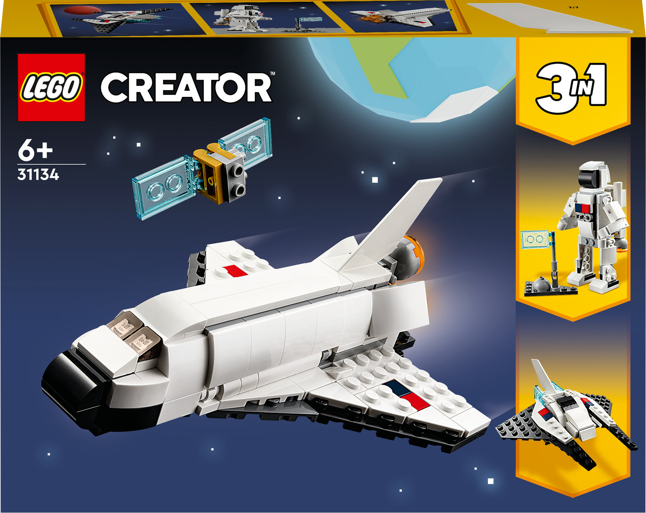 Zestaw Lego Creator. Pokazano biały wahadłowiec kosmiczny, satelitę i figurkę astronauty, na niebieskim tle.
