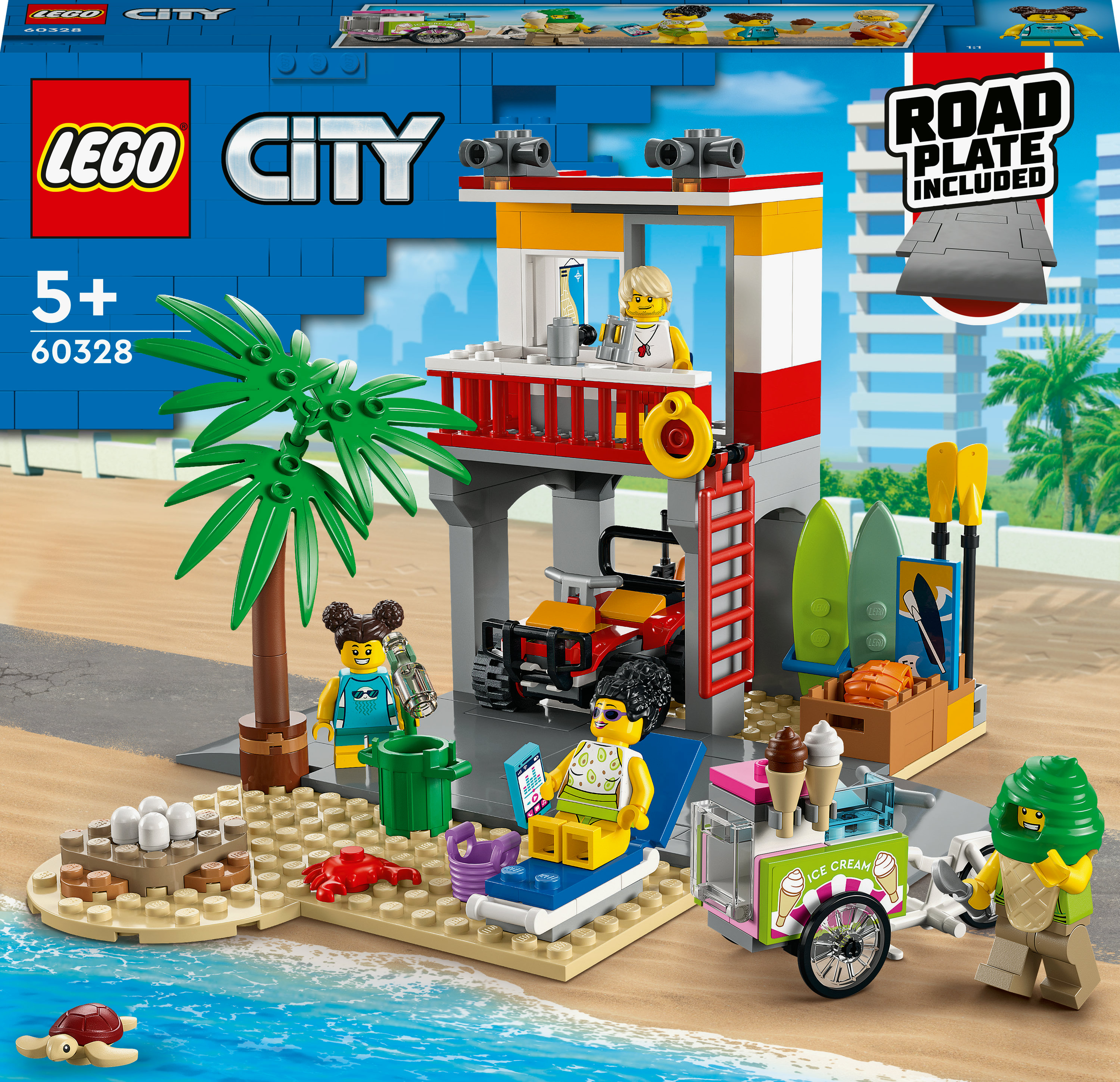 Lego City Strand-Szene-Set mit Strand, Surfbrettern und Minifiguren.