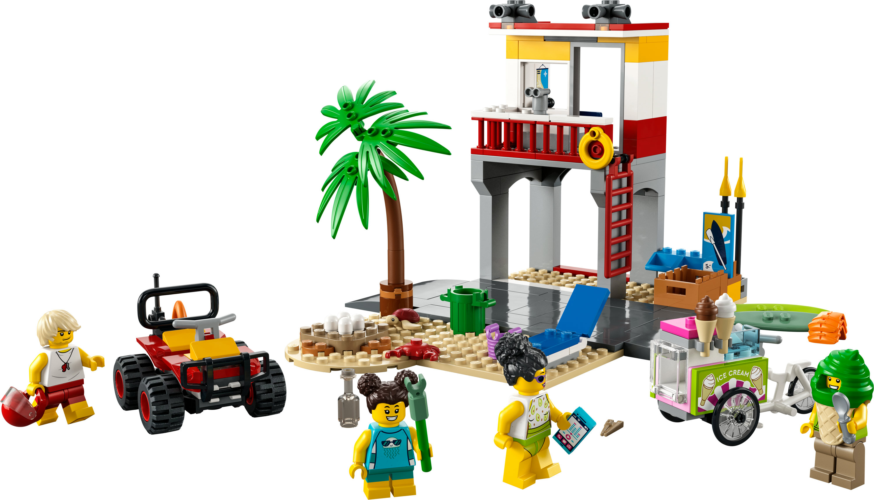 Lego-Strandszene mit Rettungsturm, Buggy, Eiswagen, Palme und Minifiguren.