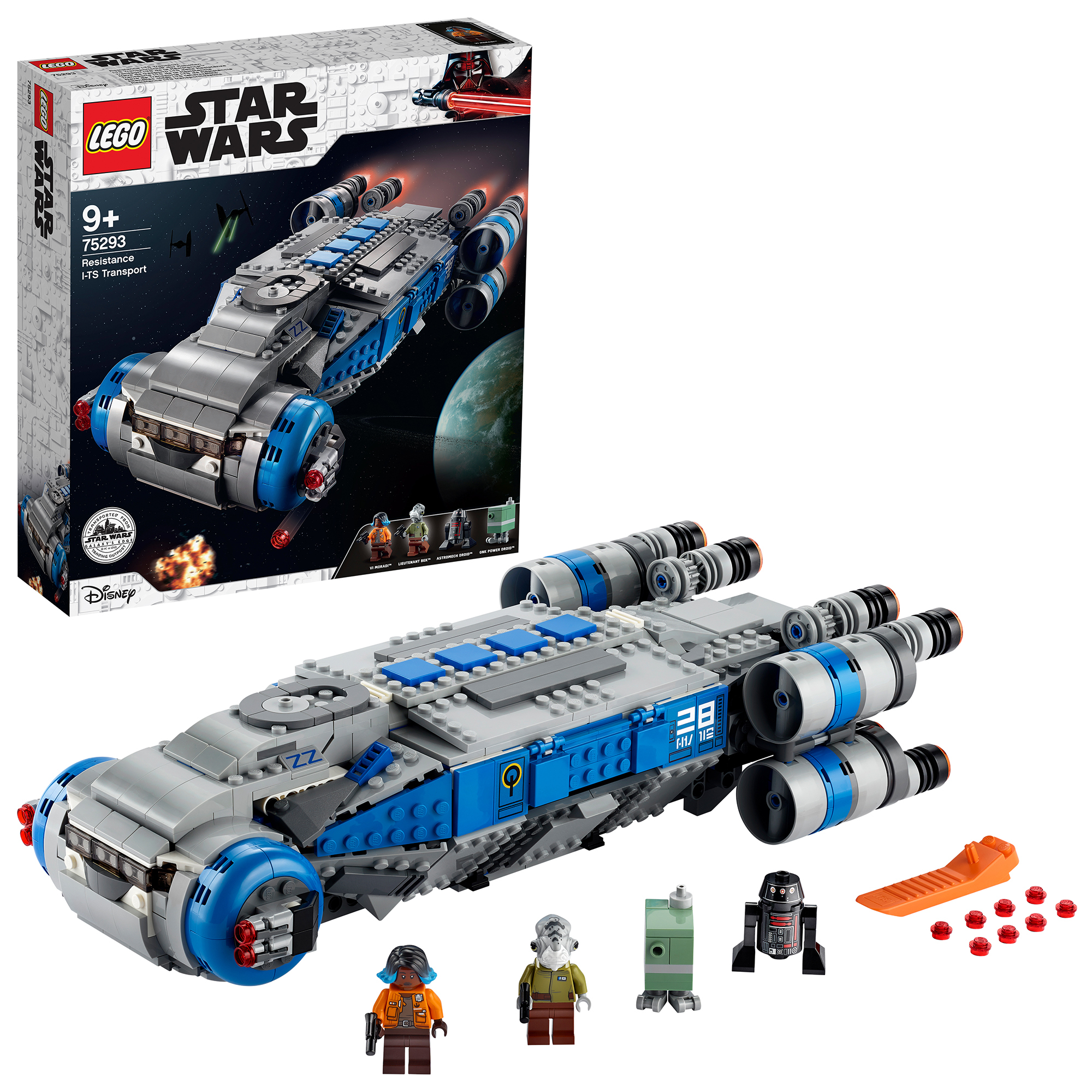 Set Lego Star Wars Resistance I-TS Transport. Include modello nave, minifigure e box art.