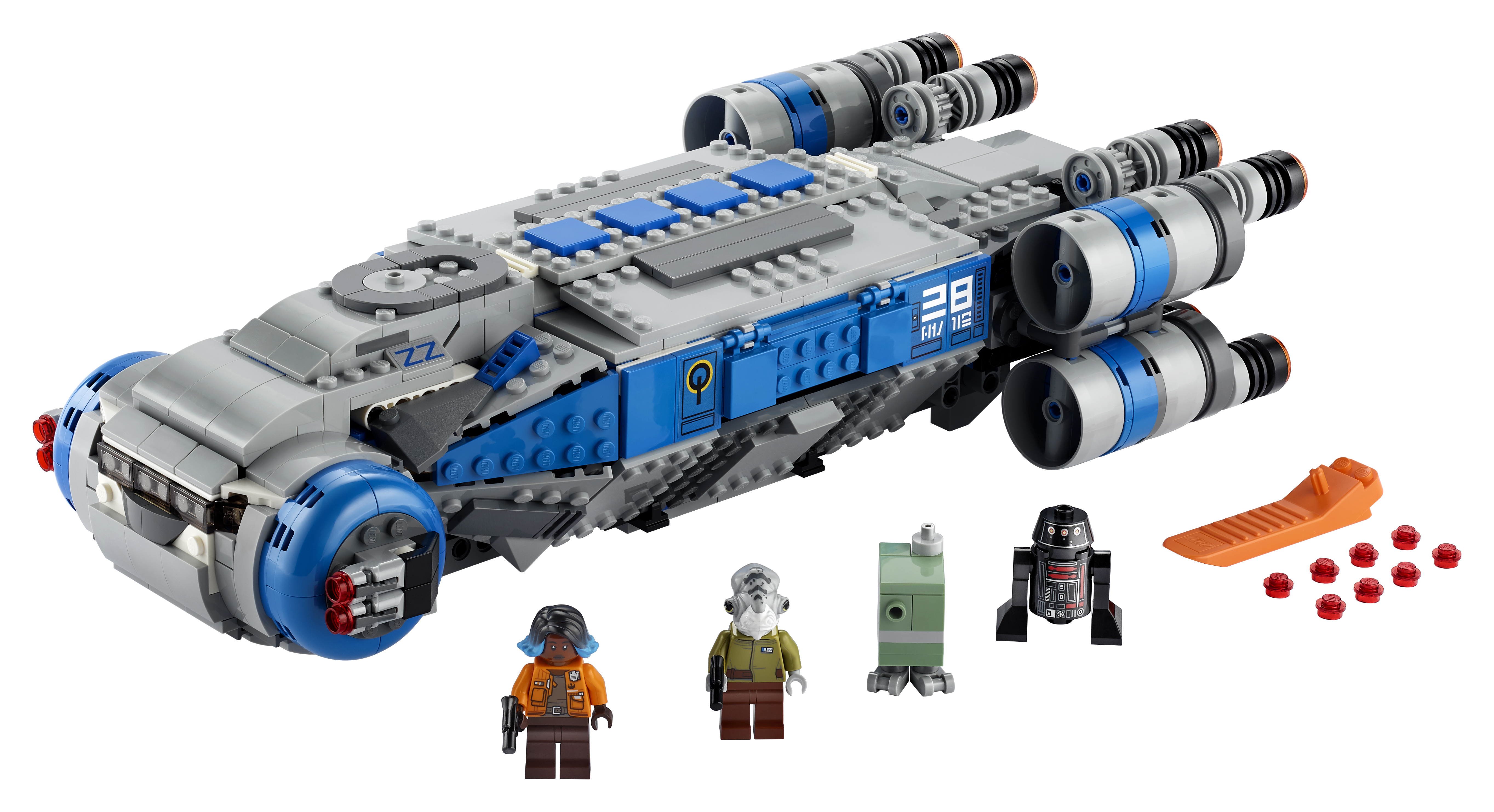 Set Lego Star Wars. Include una grande astronave e minifigure su sfondo bianco.