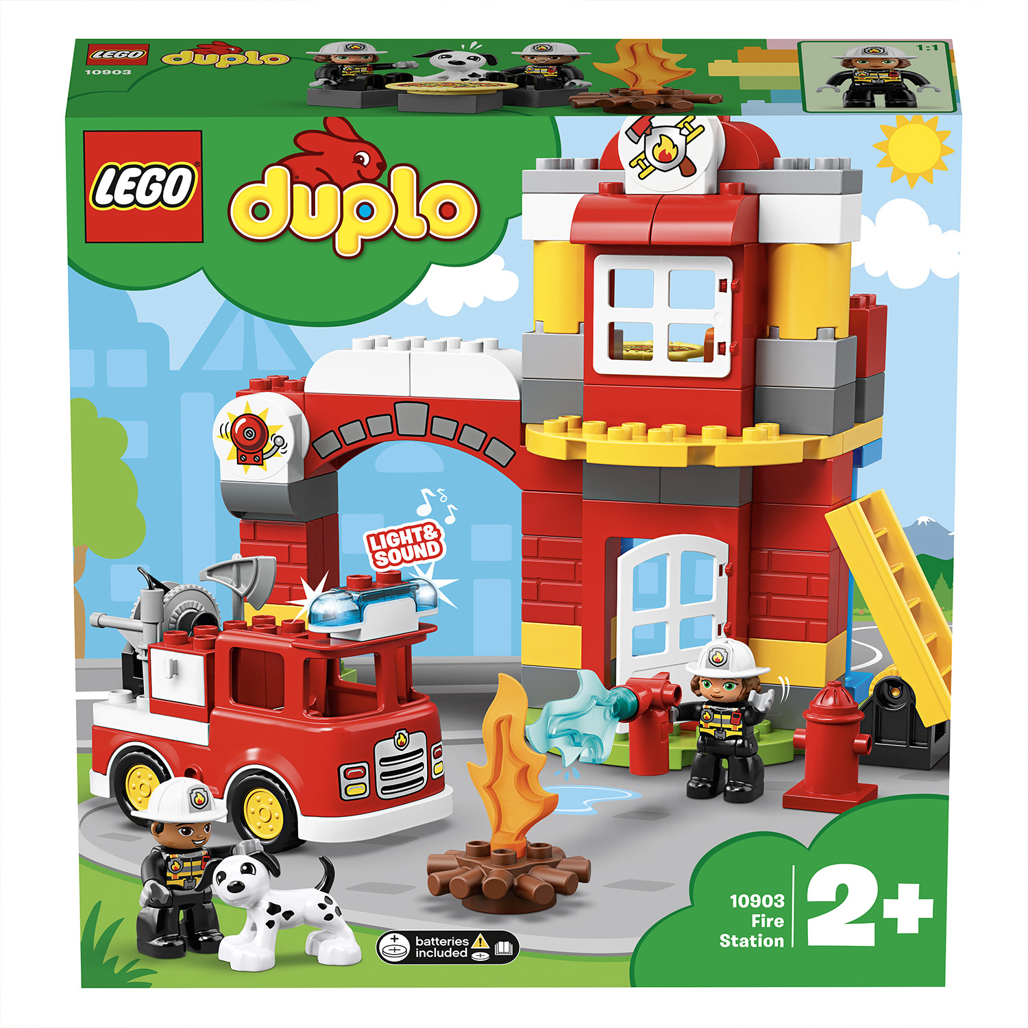 Lego Duplo Feuerwache Box-Set mit Feuerwehrauto, Minifiguren und einem brennenden Lagerfeuer.