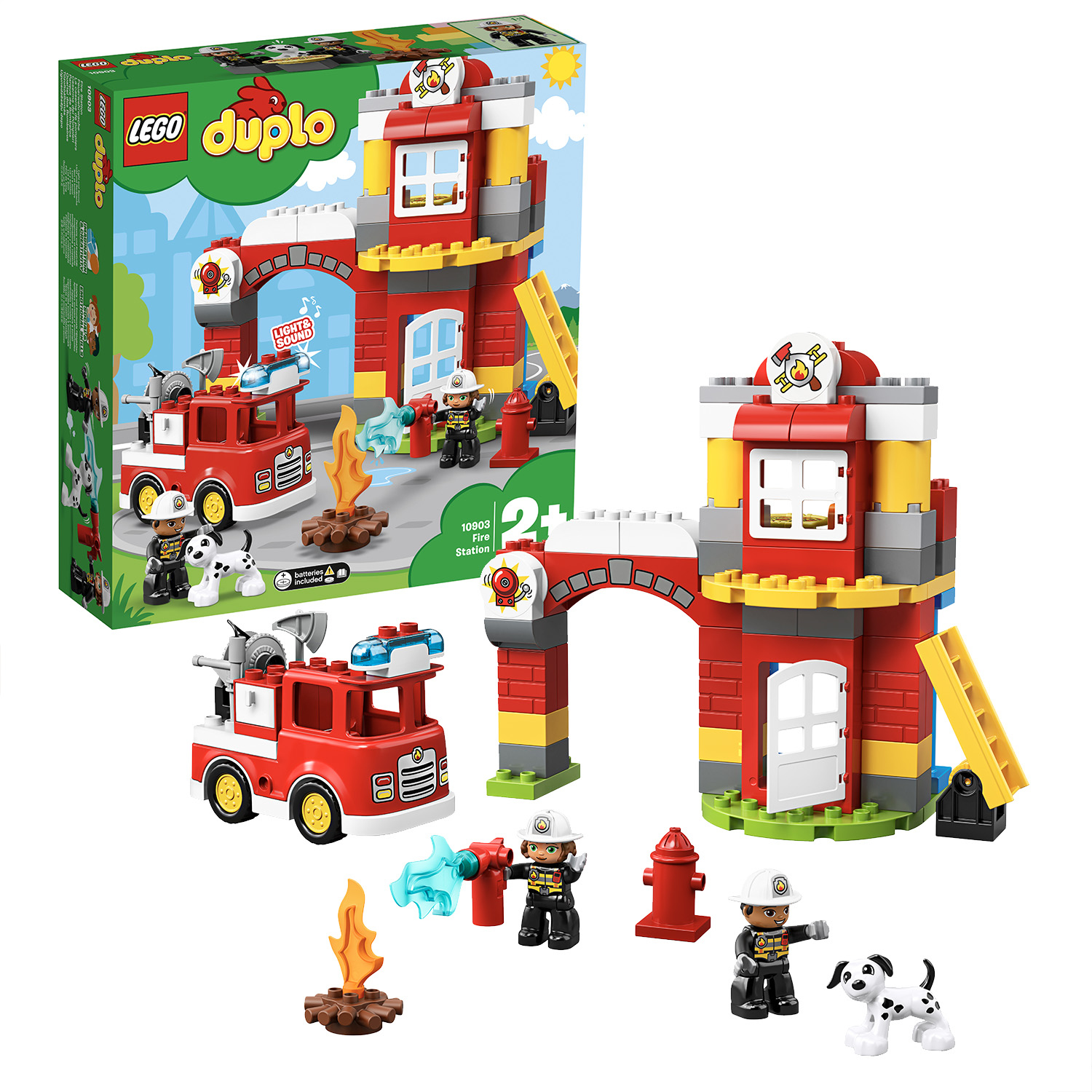 Ein LEGO Duplo Feuerwehr-Set mit Feuerwehrwagen, Figuren und Gebäude.