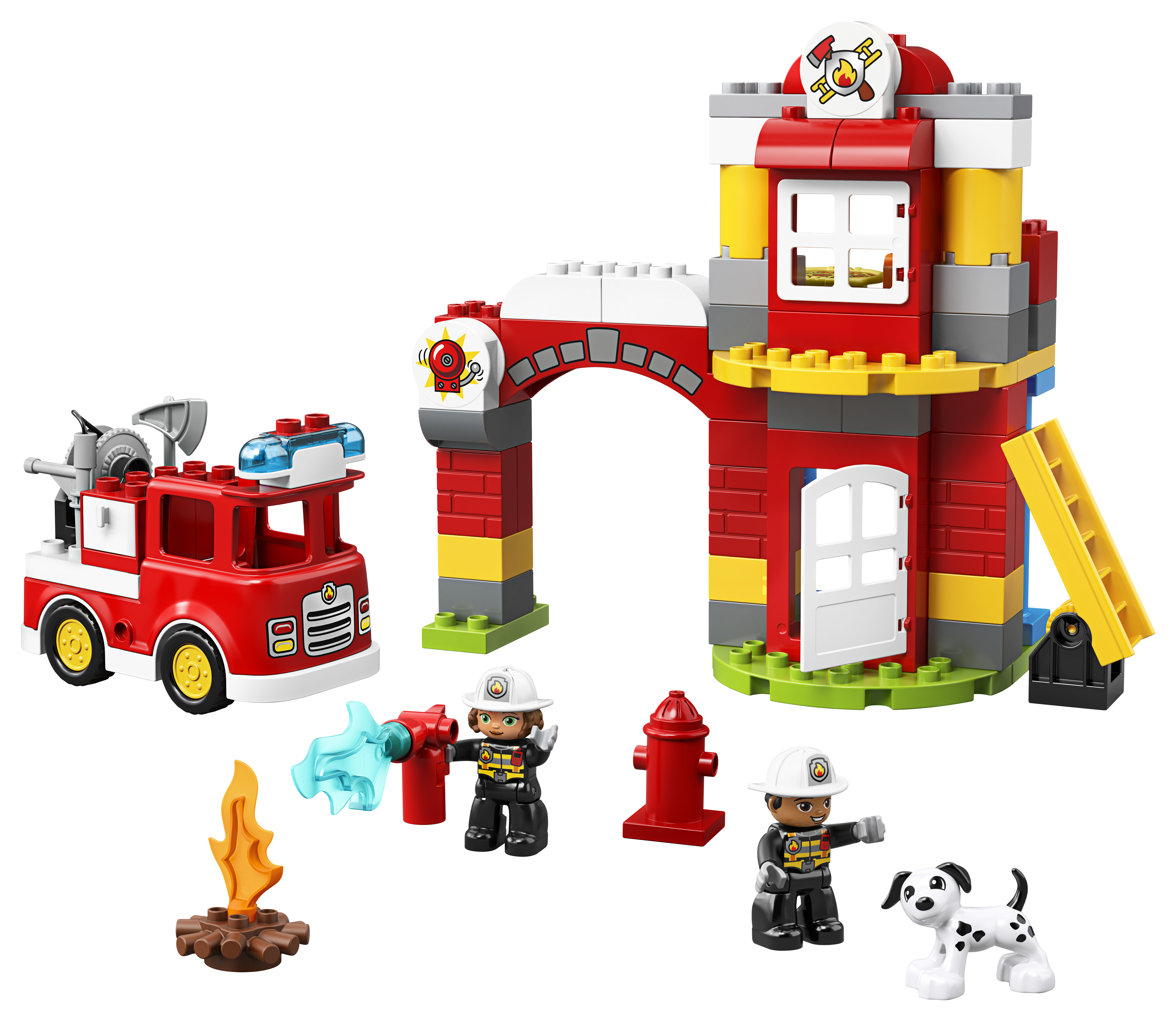 Lego Duplo Feuerwehrstation-Set mit einem Feuerwehrauto, Minifiguren und Zubehör.