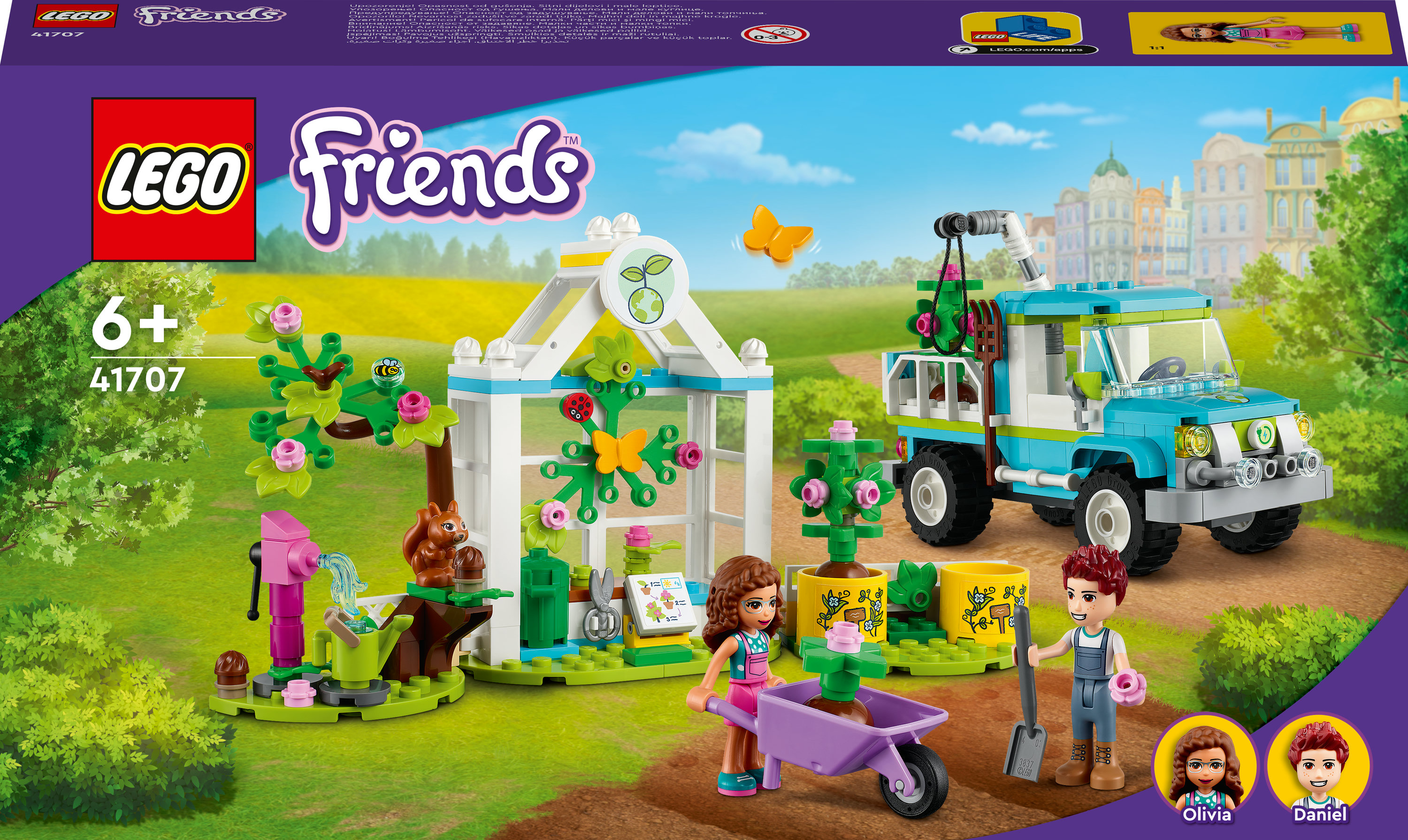 Lego Friends Set mit Gewächshaus, LKW und Figuren. Der Hintergrund ist eine grüne Landschaft.