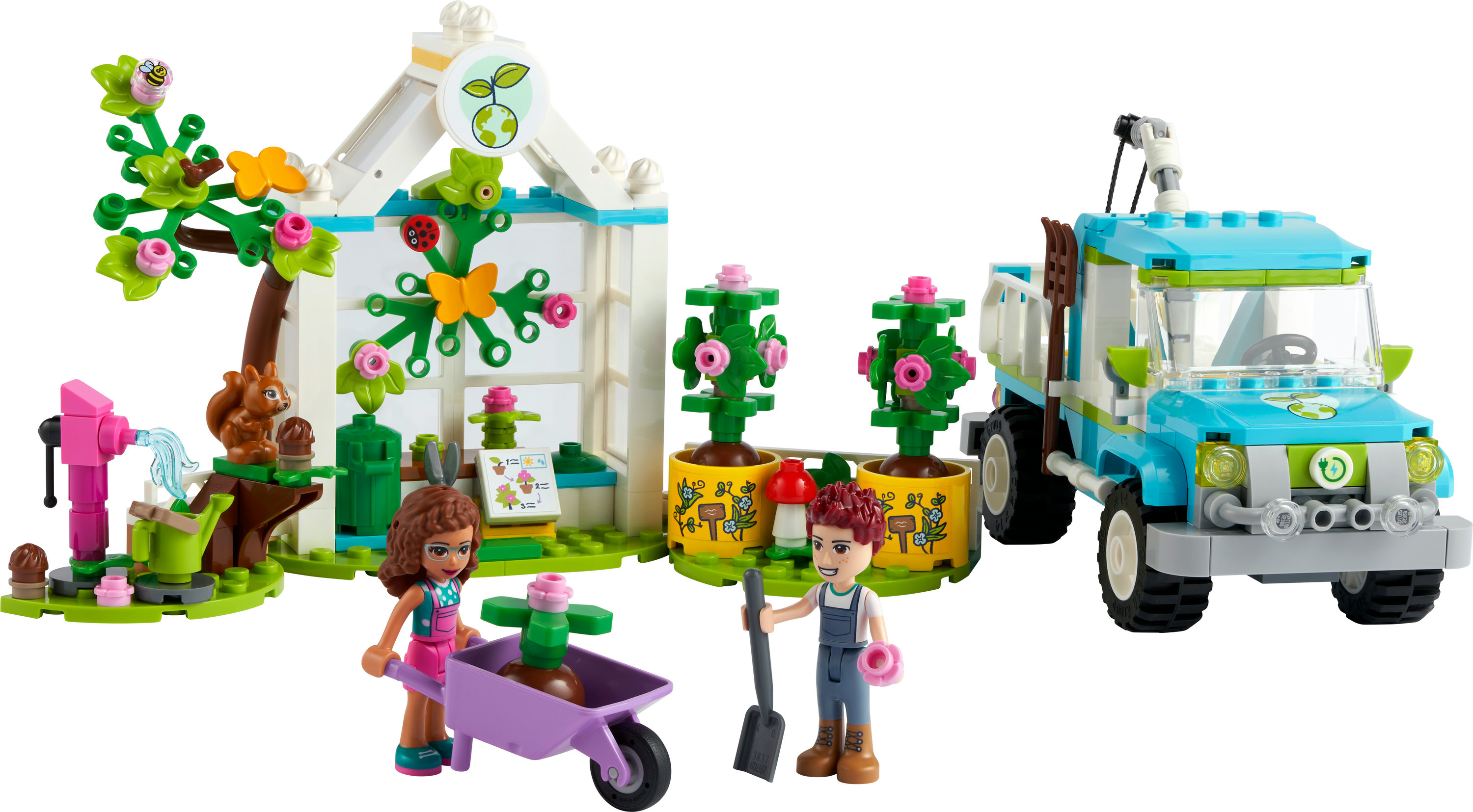 LEGO Friends Set mit Gewächshaus, LKW und Figuren. Enthält Pflanzen, eine Schubkarre und ein Eichhörnchen.