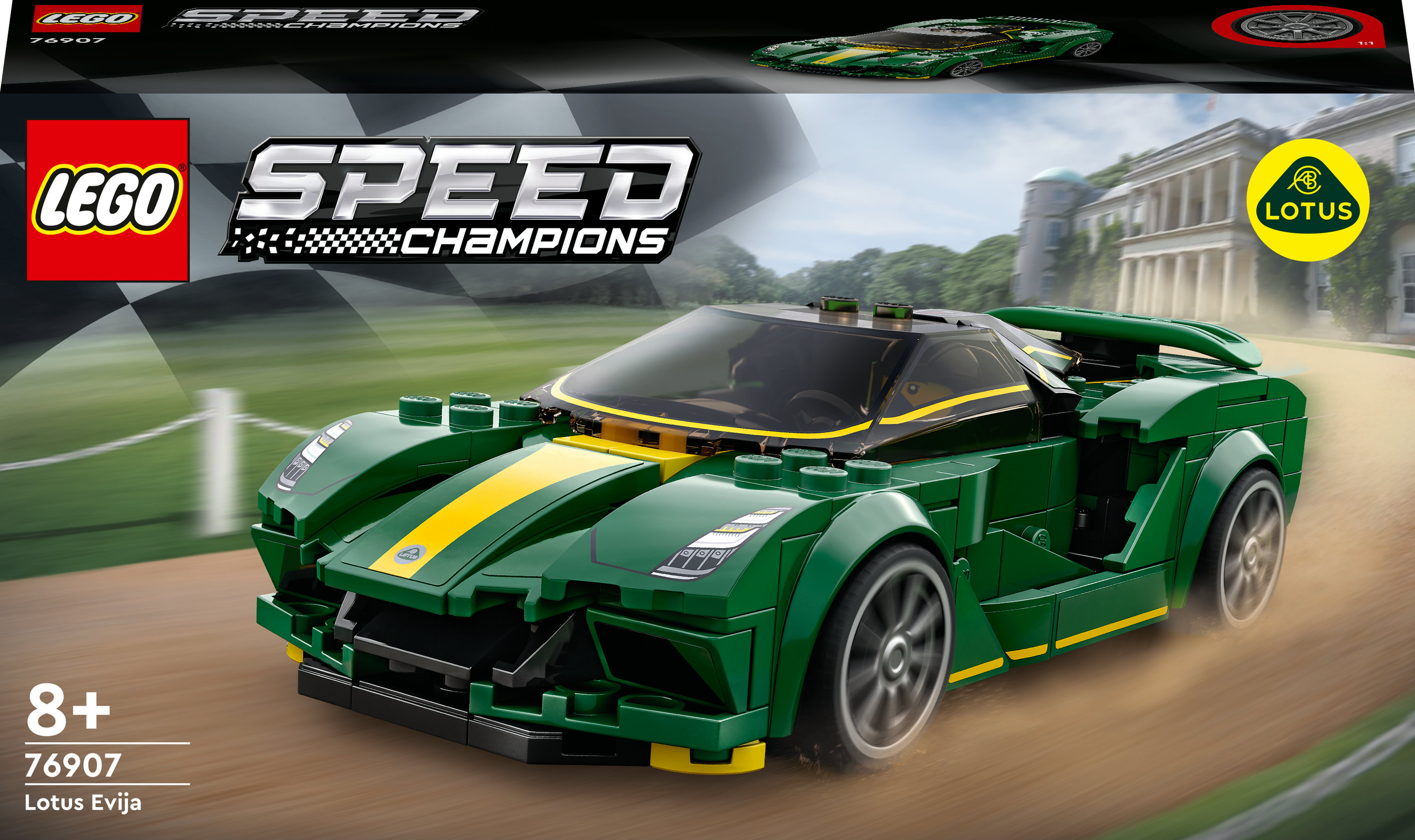 LEGO Speed Champions Lotus Evija. Grünes Sportwagenmodell. Enthält Speed Champions und Lotus Logos.