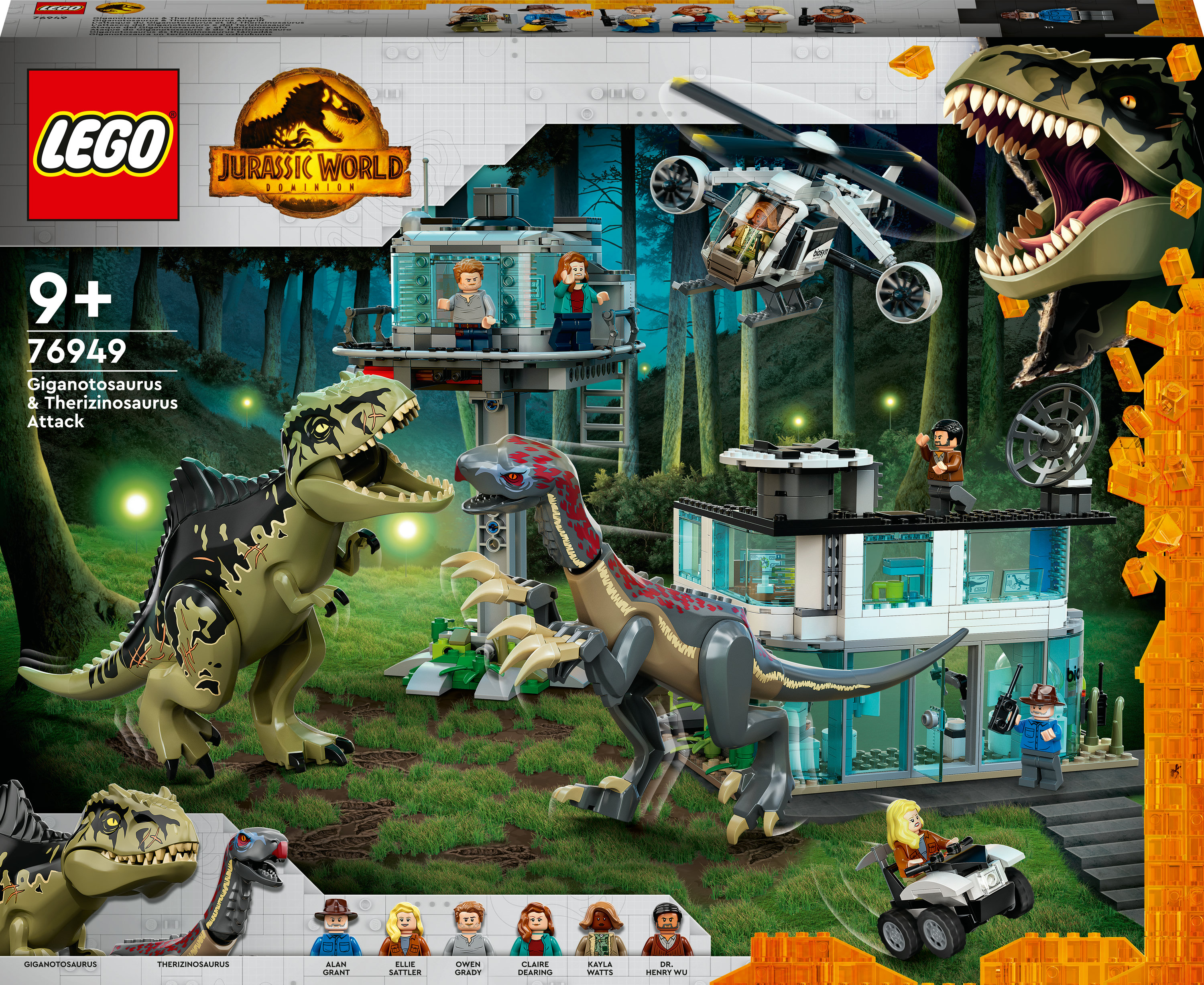Pudełko zestawu Lego Jurassic World przedstawia dinozaury atakujące budynki i figurki w lesie.